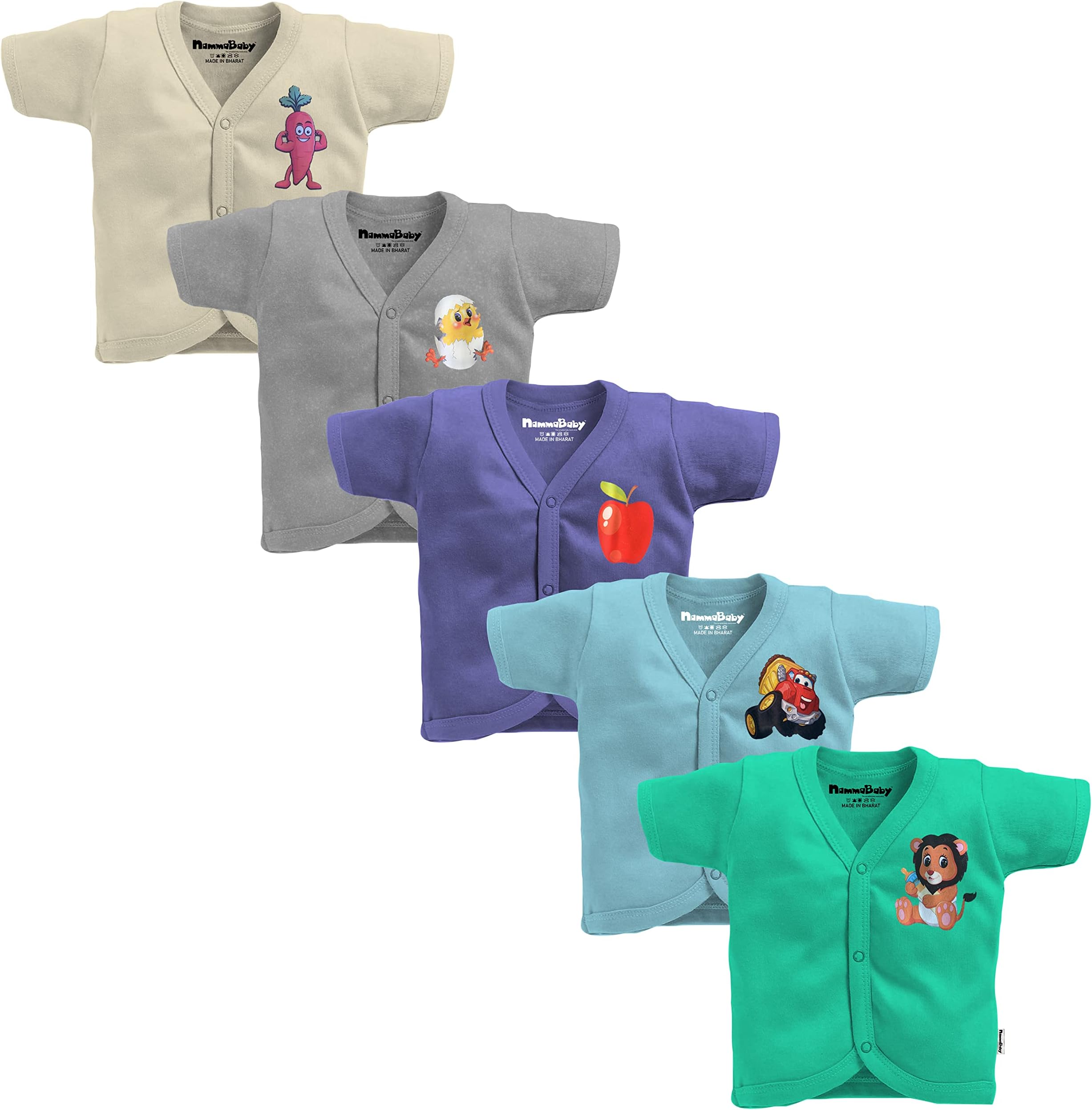 Tinchuk NammaBaby Cotton Front Open Half Sleeves Jhabla Half Sleeves Front Open Tshirt Multicolored Solid Color Tees with Cute Cartoon Print Cotton Jhabla Vest Multipack (12-18 Months)
