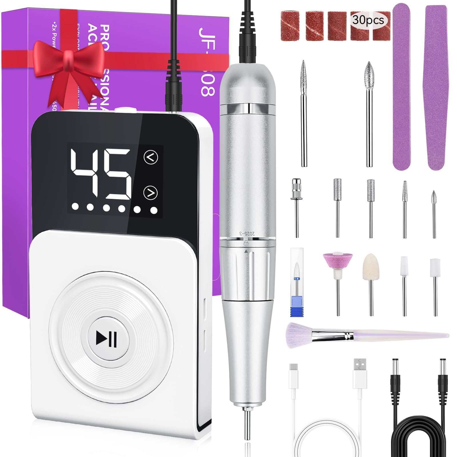 Cadrim Portable Electric Nail Drill Professional 45000 RPM, 2025 Upgrade-Speed Control Disc, Rechargeable Electric Nail File for Acrylic Gel Nails,