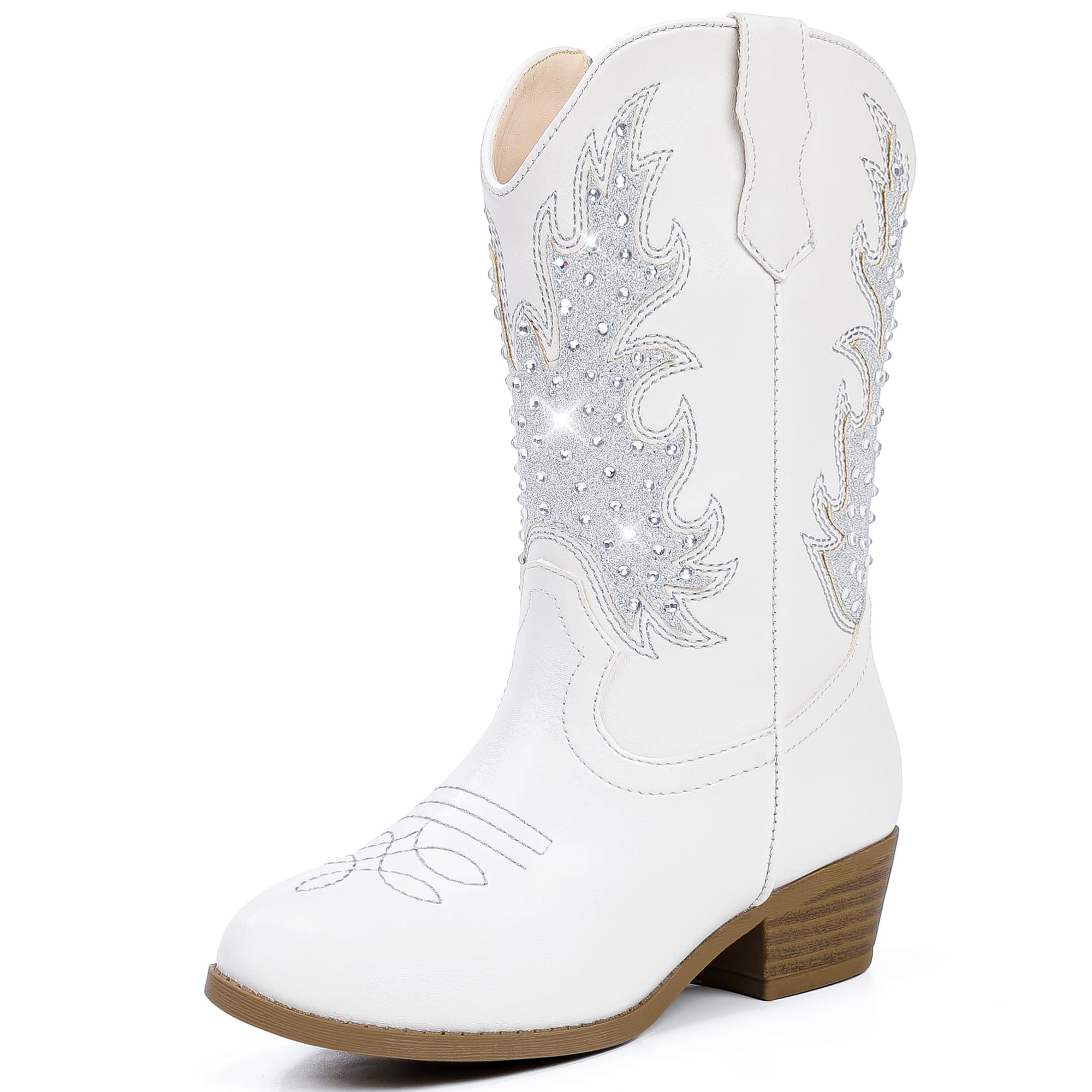 Motasha Sparkly Rhinestone Cowgirl Boots for Girls Cowboy Boot Toddler to Big Kids Mid Calf Zipper Low Heel Pointed Toes Party Birthday Dress