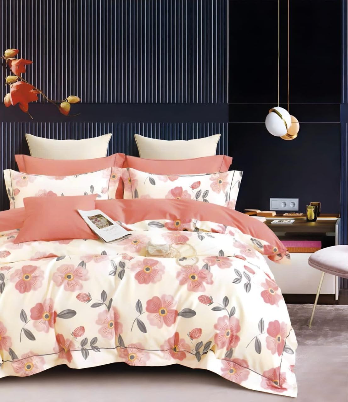 Cotton Bedding Set King Size| 300 TC Double Bed Duvet Cover with Zipper (90x100 in), Double Bed Fitted Bedsheet (72x78+10 in Depth), 2 Pillow Covers (18x28 in) |Warm|ED 06|Orange Rose | Breathable material-picture-18