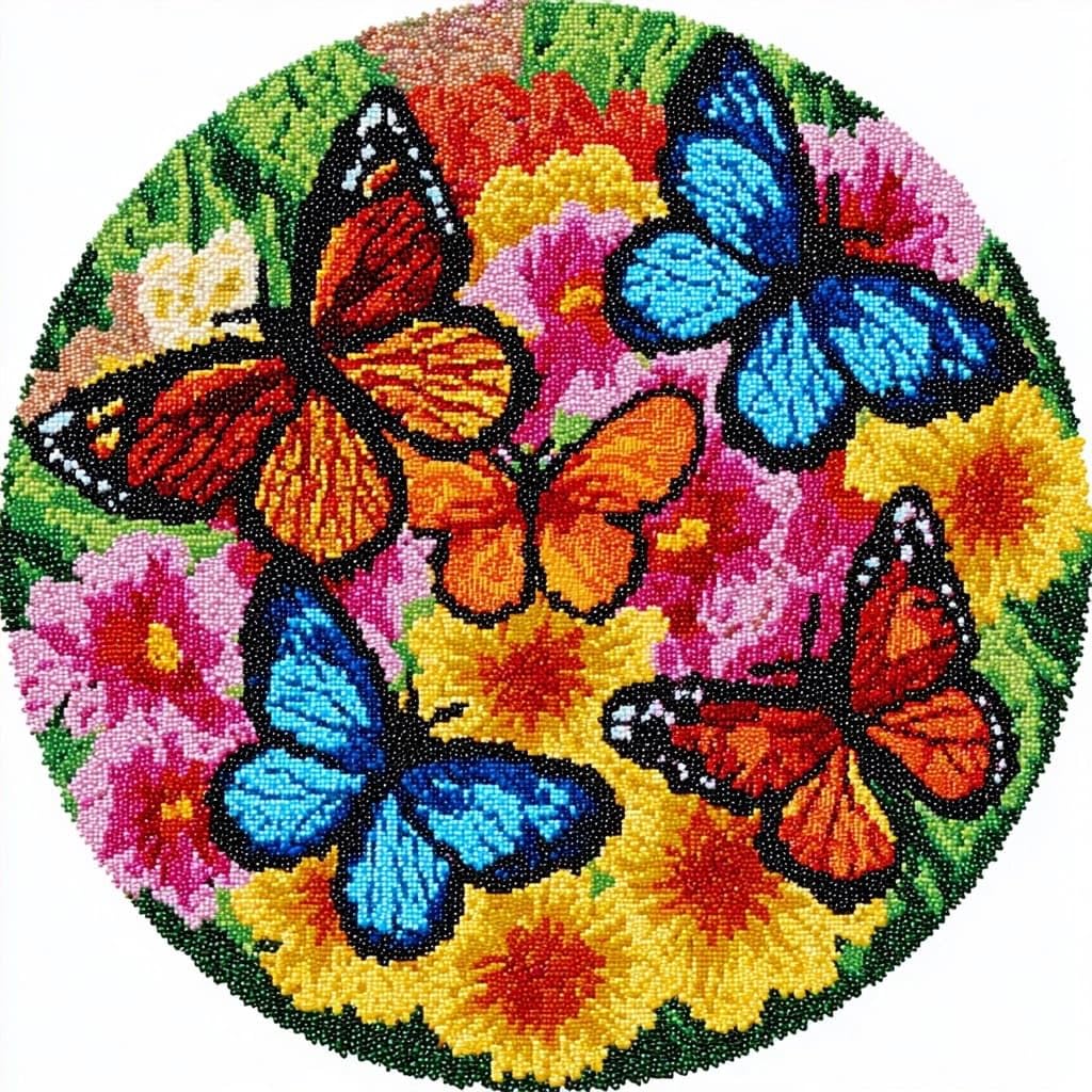 AMBATTERY Round Latch Hook Kits Pre-Printed Rug,Butterflies and Flowers