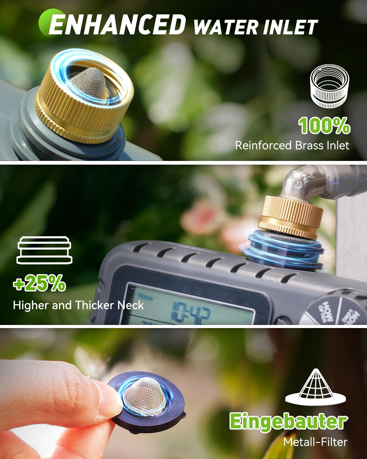 RAINPOINT Timer per irrigazione a 3 zone con ingresso in ottone, timer di irrigazione impermeabile IP65, sistema di irrigazione manuale con ritardo della pioggia con ampio display LCD per cortile