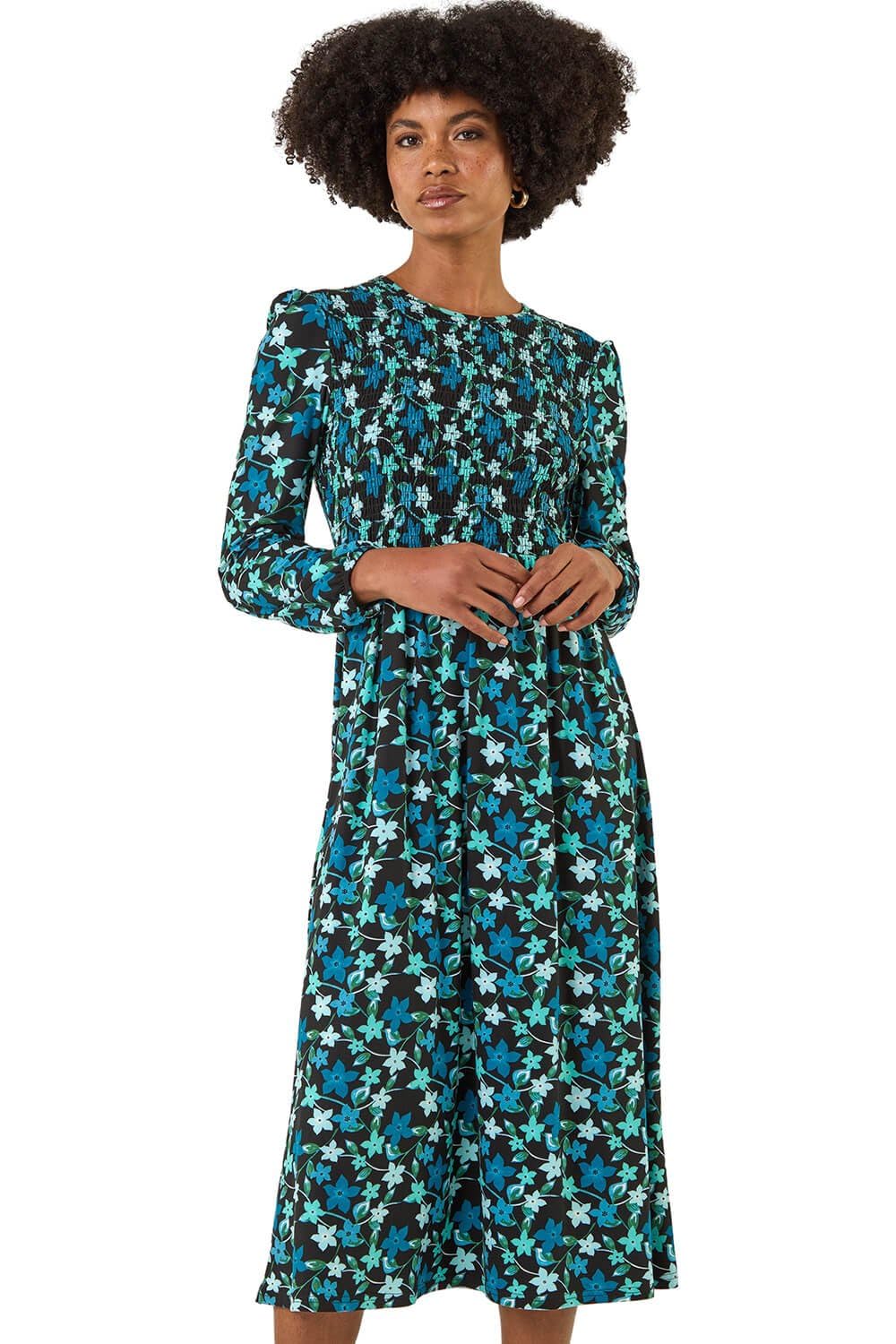 Roman - Women's Midi Dress - Floral Print - Shirred - Long Sleeve - Size 20