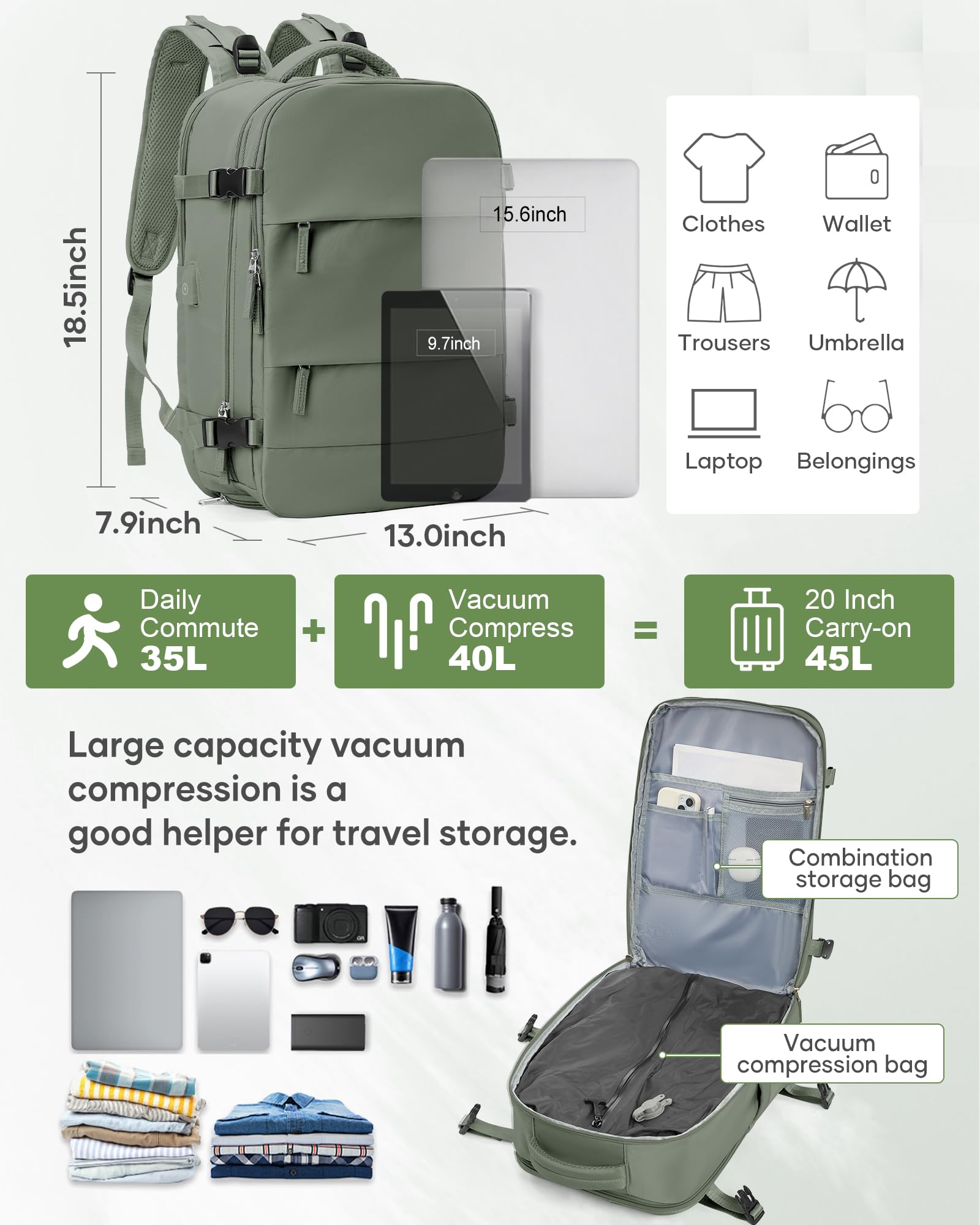 Vacuum Backpack Travel with Electric Vacpack Pump, Vacuum Compression Bags Travel Backpack for Women Men, Flight Approved Waterproof Carry on Backpacks Laptop Work Weekender Daypack, Large, Green