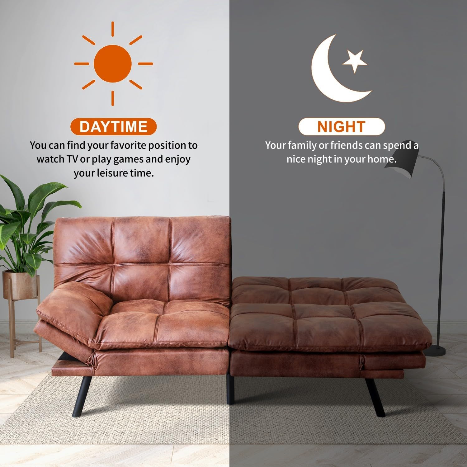MUUEGM Futon Sofa Bed 71" Convertible Memory Foam Gloss Brown Futon Couch Bed Modern Loveseat Sleeper with Adjustable Backrests Armrests for Living Room,Small Space,Office