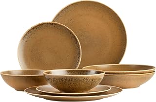 MÄSER 935273 Grumpy, Geschirrservice made in Portugal, hochwertiges 8-teiliges Kombi-Geschirr Set; Teller, Gourmetteller und Schüssel mit Reaktivglasur in edel schimmerndem Gold Braun, Porzellan