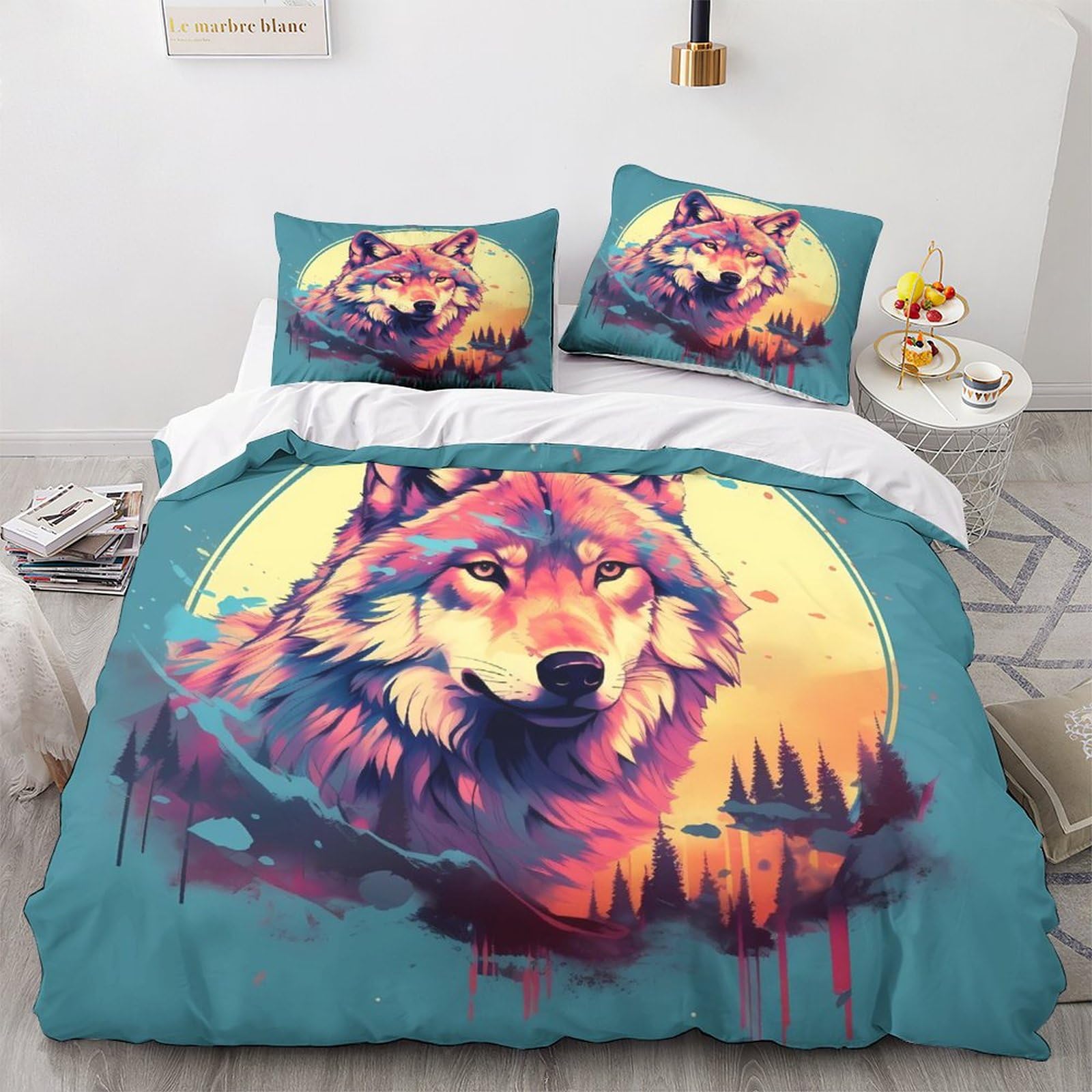Housse de couette loup 200x200 parure de lit 3 pièces imprimé animal