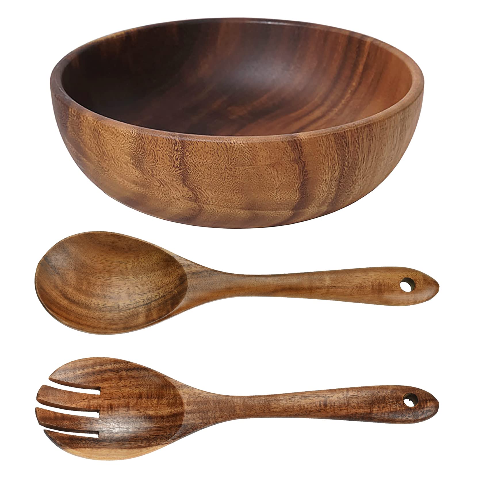 Ensaladera de madera de gran tamaño (24 cm x 7,5 cm), con juego de cuchara y tenedor de madera (26 cm x 6,8 cm), cuenco de madera de acacia, cuencos grandes de madera para servir