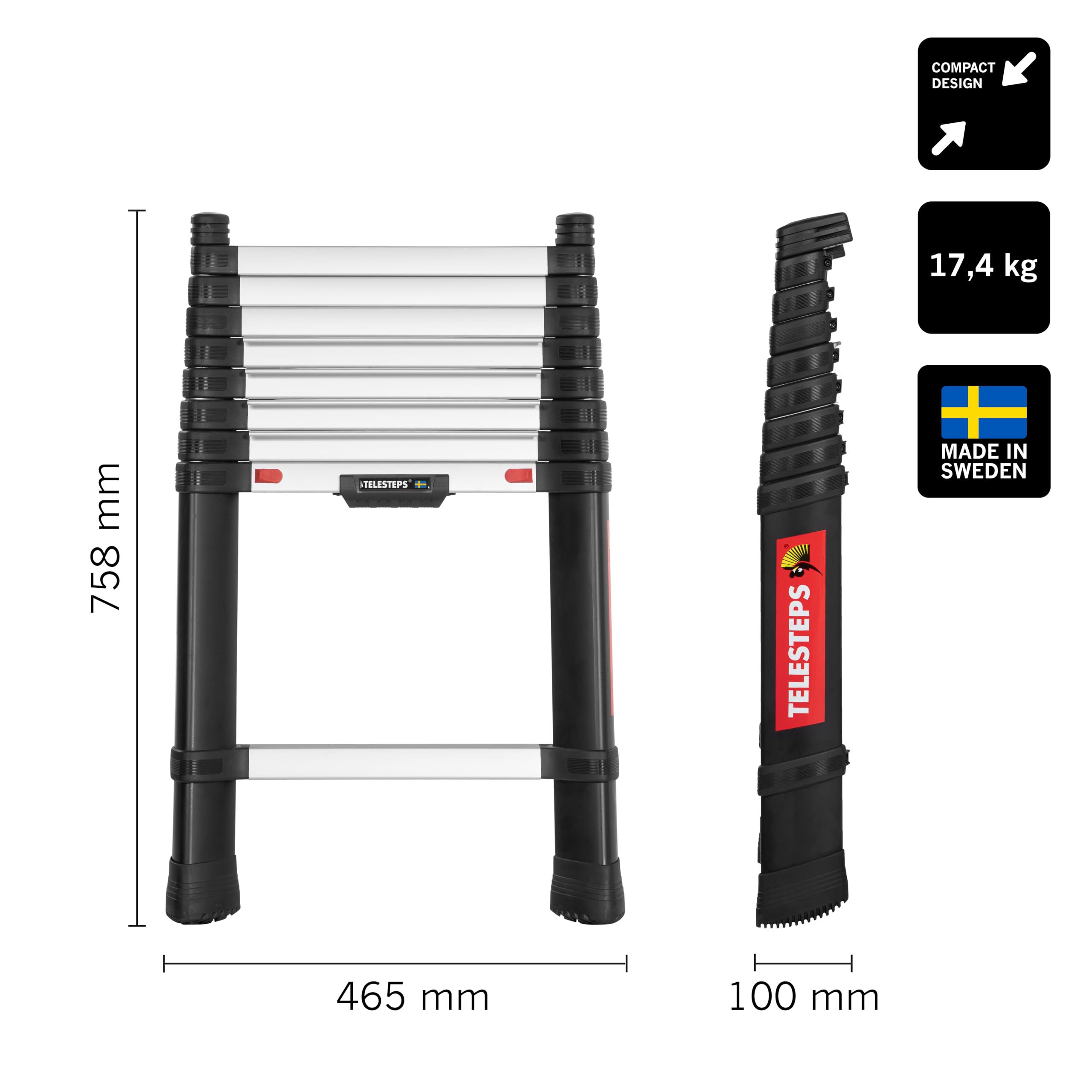 Échelle télescopique 3 m de TELESTEPS I Made in Sweden I Prime Line I Échelle de qualité compacte au Design Premium breveté I Montant Triangulaire I Certification en 131 I 72230-581