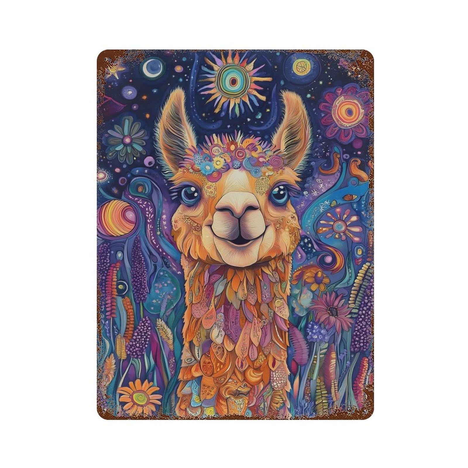 Decorative Tin Sign with Psychedelic Llama in Blooming Meadow – Sunrise Fantasy Wall Art Design 15.7"x11.8", for Garage, Bar And Workshop Decor, Farmhouse Wall Decor