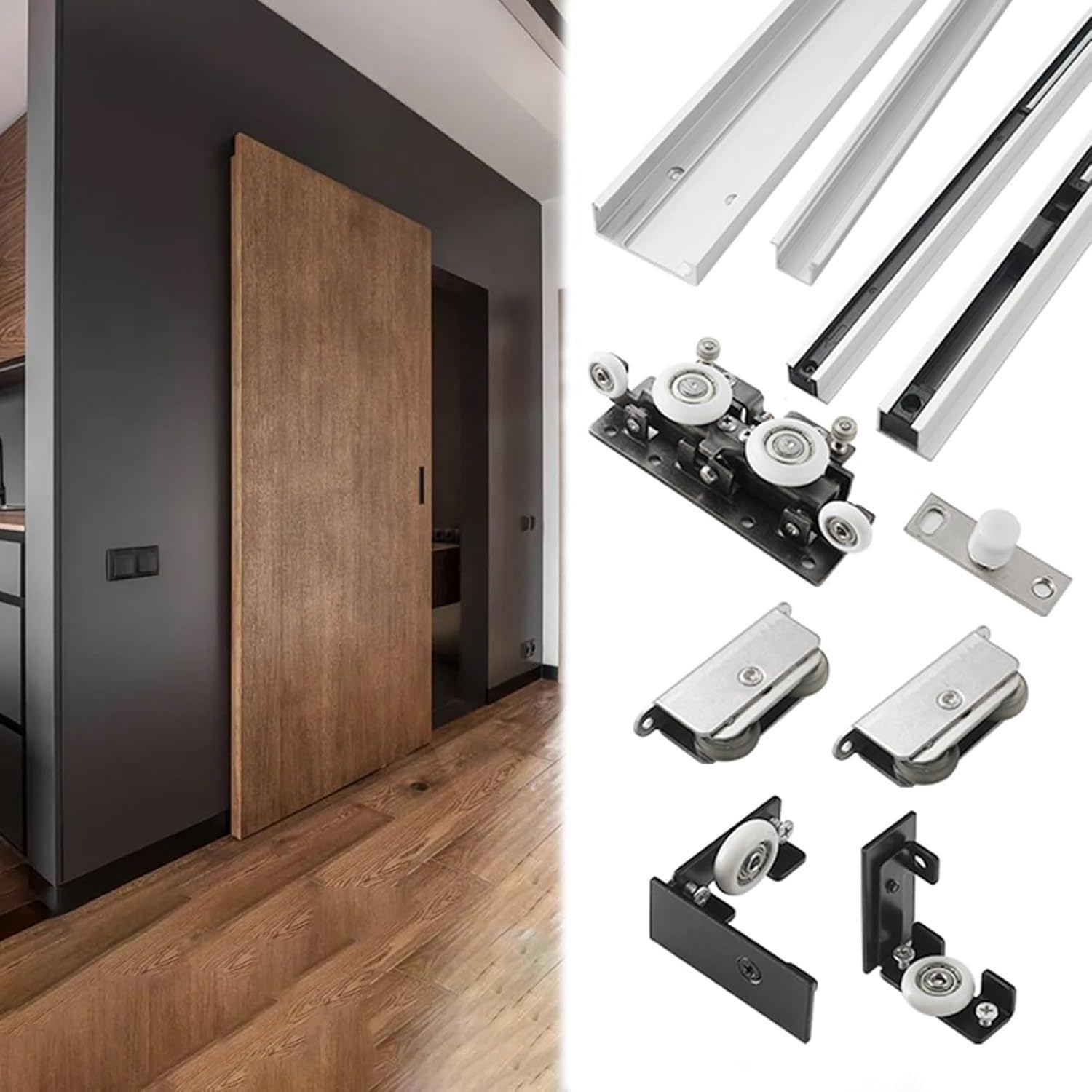 Kit de porte coulissante Kit de matériel de porte de grange caché 3.9-4.9-5.9 ft, jeu de porte coulissante invisible sans voie pour salle de bains/armoires, porte de poche de piste cachée,1.2m/3.9ft