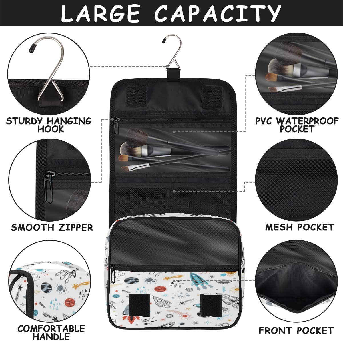 Układ Słoneczny Planeta Podróżna Kosmetyczka Kreskówka Planeta Mycie Torba Unisex Wiszące przybory toaletowe Kosmetyczka Organizer do makijażu, wielobarwny, Jeden rozmiar