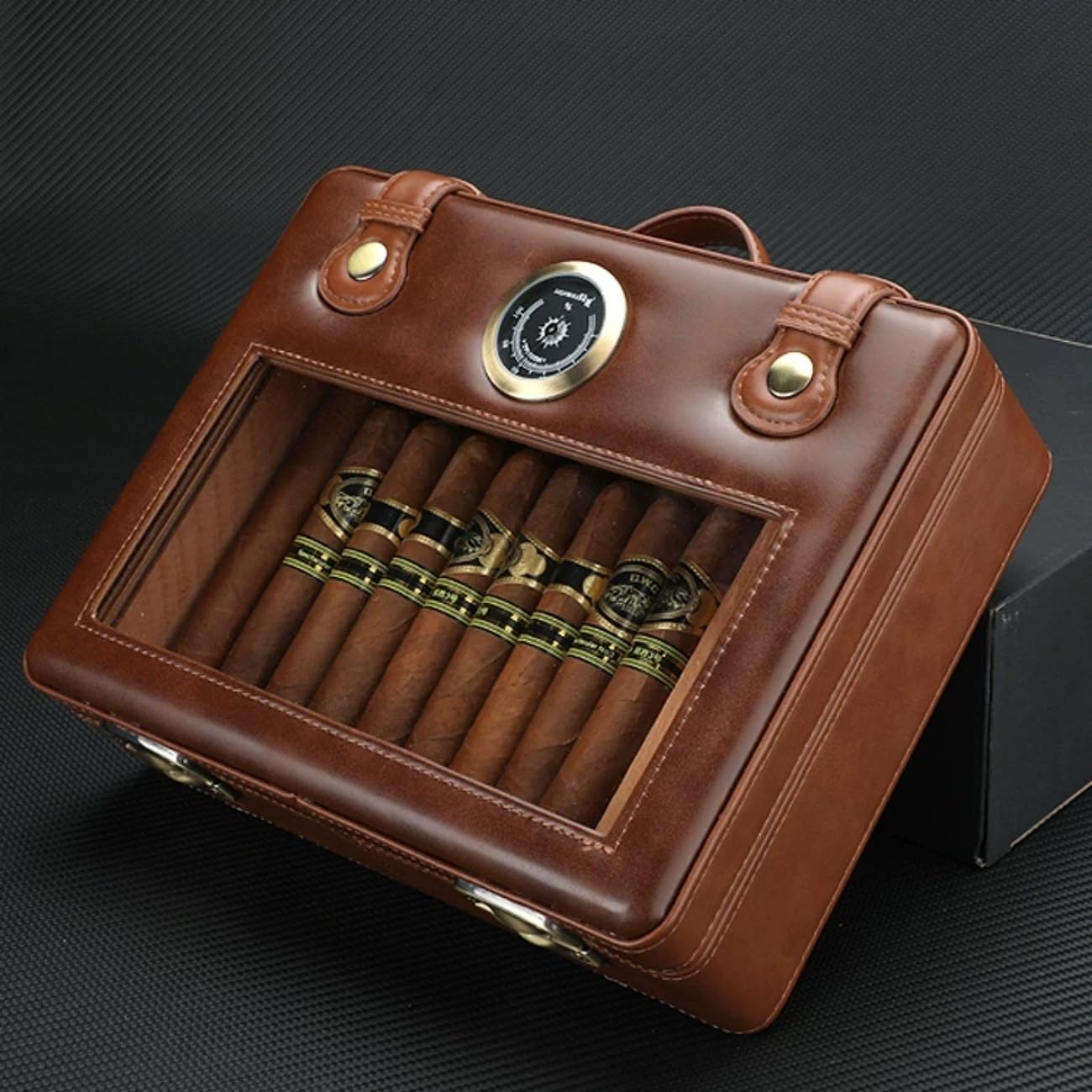 Scatola porta sigari per 30 sigari in pelle PU con coperchio vetro, umidificatore, igrometro, rivestimento cedro, regalo per marito, papà, festa del papà, Natale, compleanno,Marrone