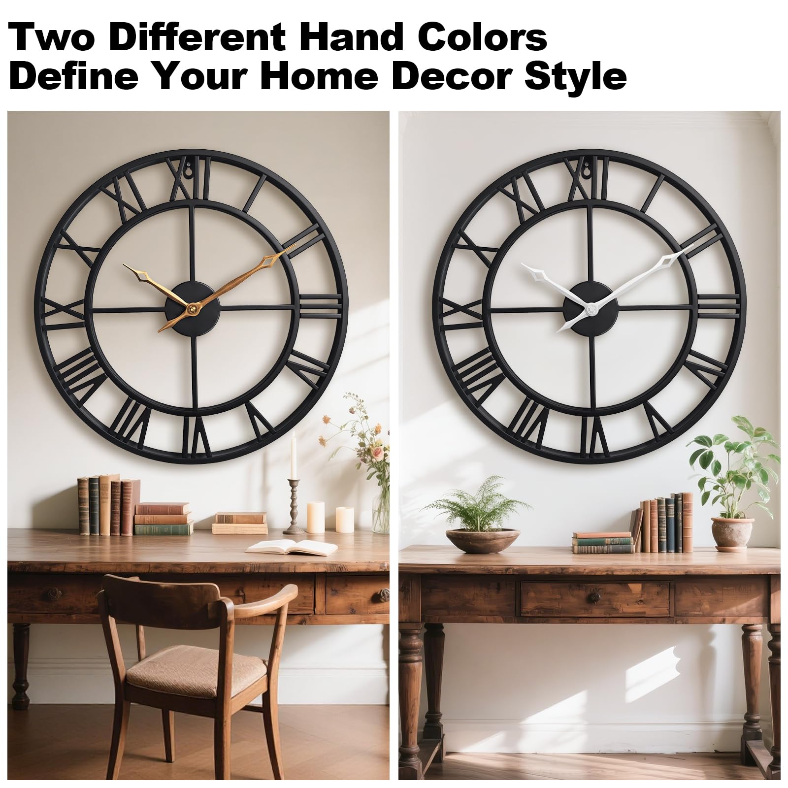 Reloj de pared grande, redondo, silencioso, industrial, vintage, de metal negro, estilo rústico, con grandes números romanos