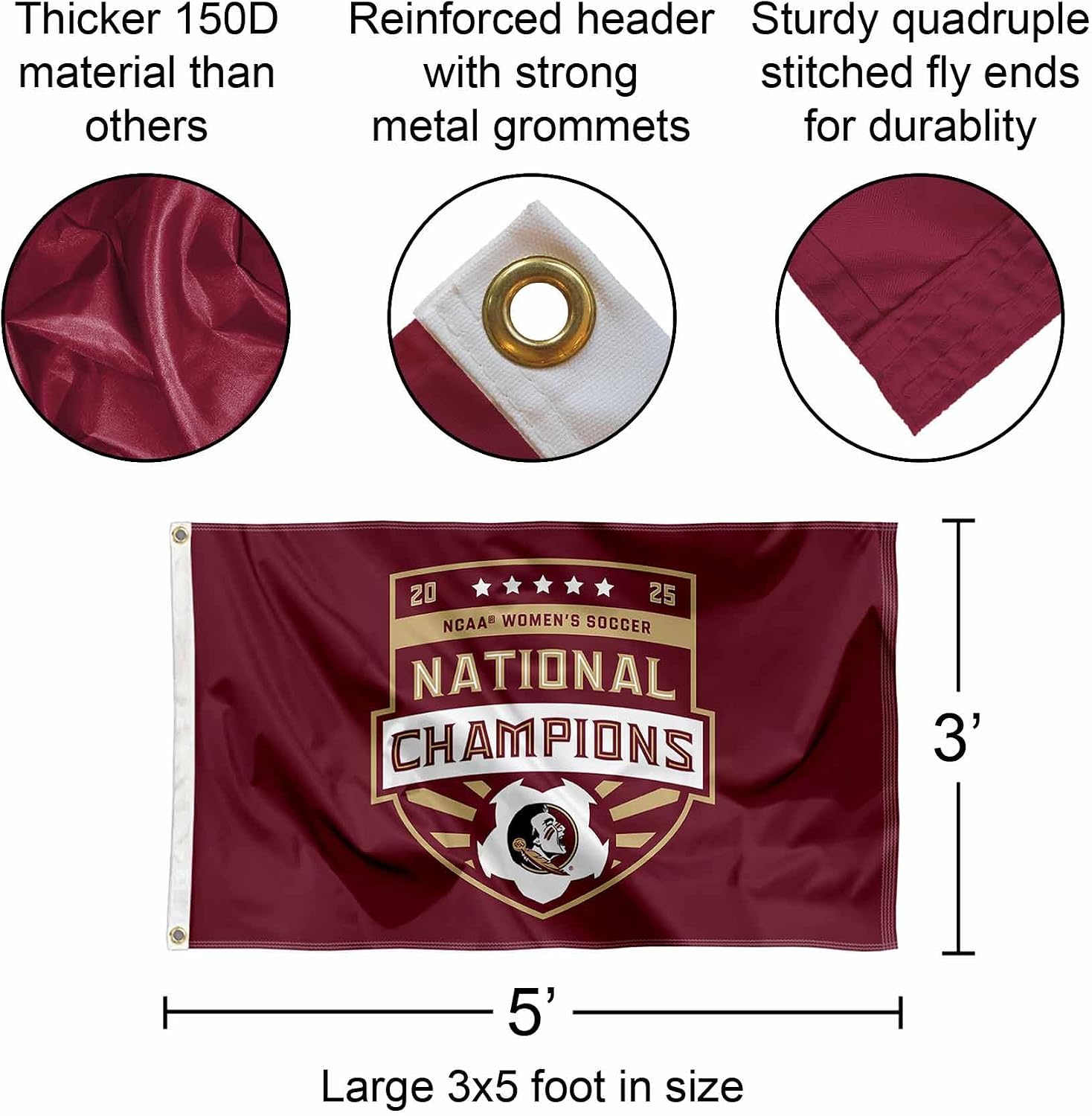 Florida State FSU Noles 2025 Women's Soccer National Champions 3x5 Grommet Flag
