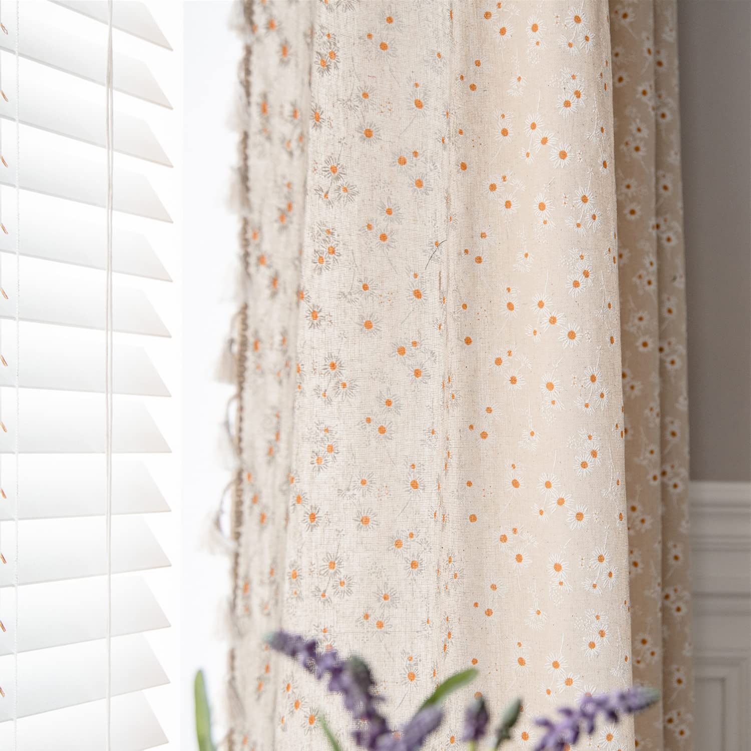 ENJOYBRIDAL Floral Curtains 96 Inch Length 2 Panels Tassel Drapes Rod Pocket Semi-Sheer Boho Daisy Bedroom Living Room Farmhouse Rustic Bohemian Window Curtain Panels