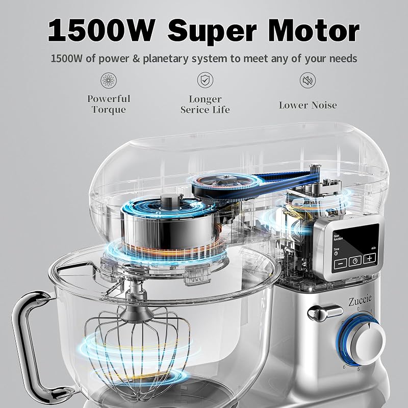 Zuccie Konyhai Robotgép 1500W 5,5L Kapacitással - 6 Sebességes Dagasztógép LCD Kijelzővel, Dagasztó, Keverő és Fröccsenésgátló (Ezüst)
