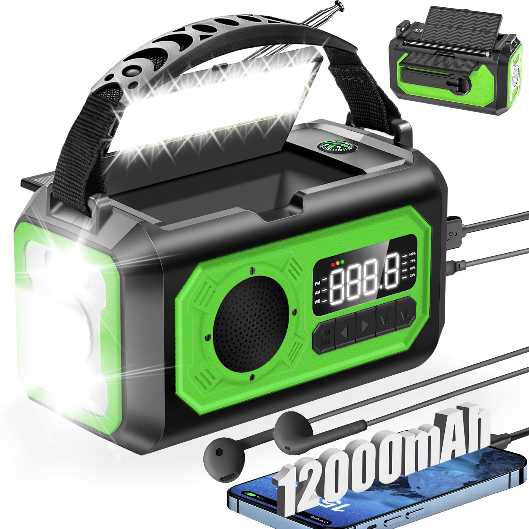 44400mWh/12000mAh Emergency Weather Radio, Hand Crank Radio Solar Radio Portable AM/FM/NOAA Radio with 2 Solar Panels 3 Charging Methods SOS Alarm 3 Mode Flashlight Phone Charger Compass Reading Lamp