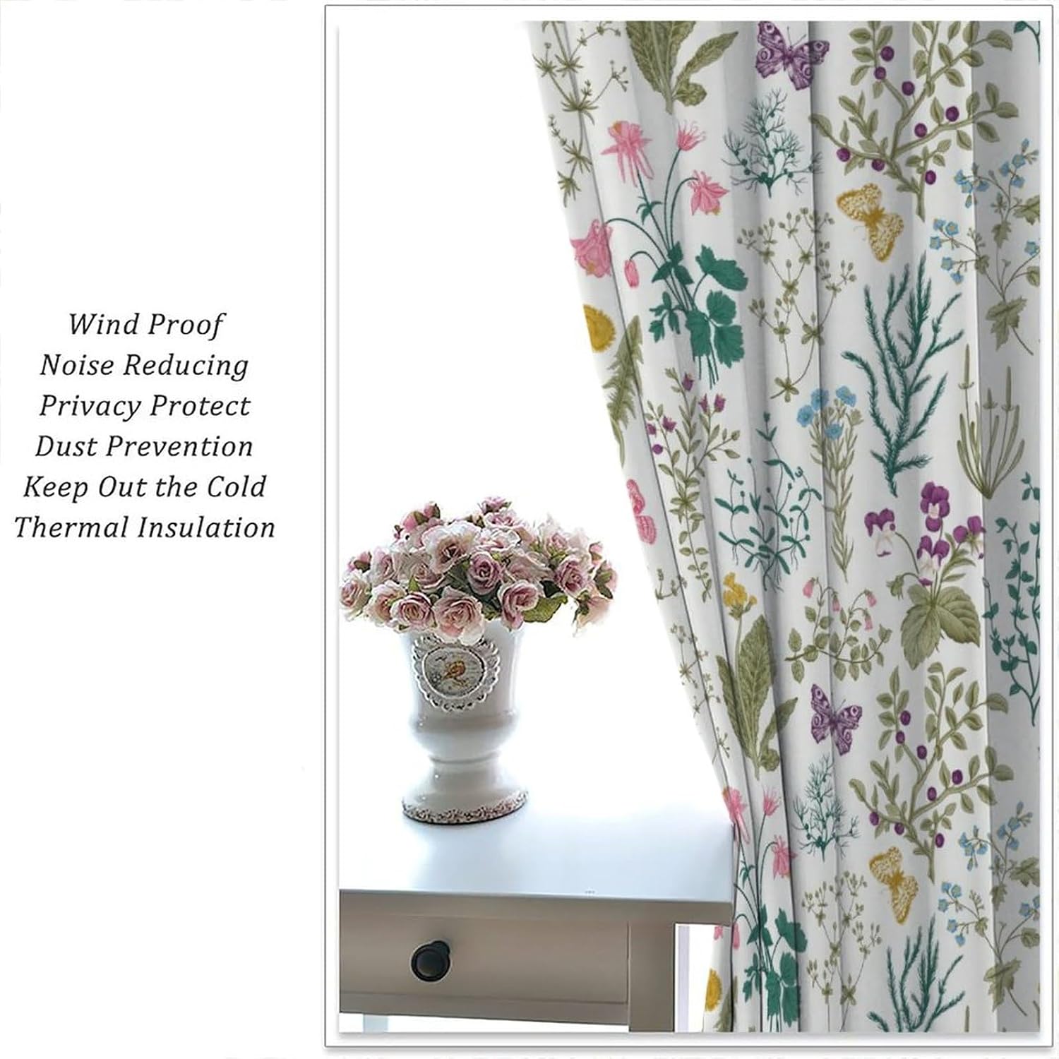 Floral Curtains Vintage Garden Plants Herbs Flower Botanical Classic Design Art Curtain with Rod Pocket for Bedroom Living Room Decor Drapes Window Treatments 2 Panels Set 42x54 Inch