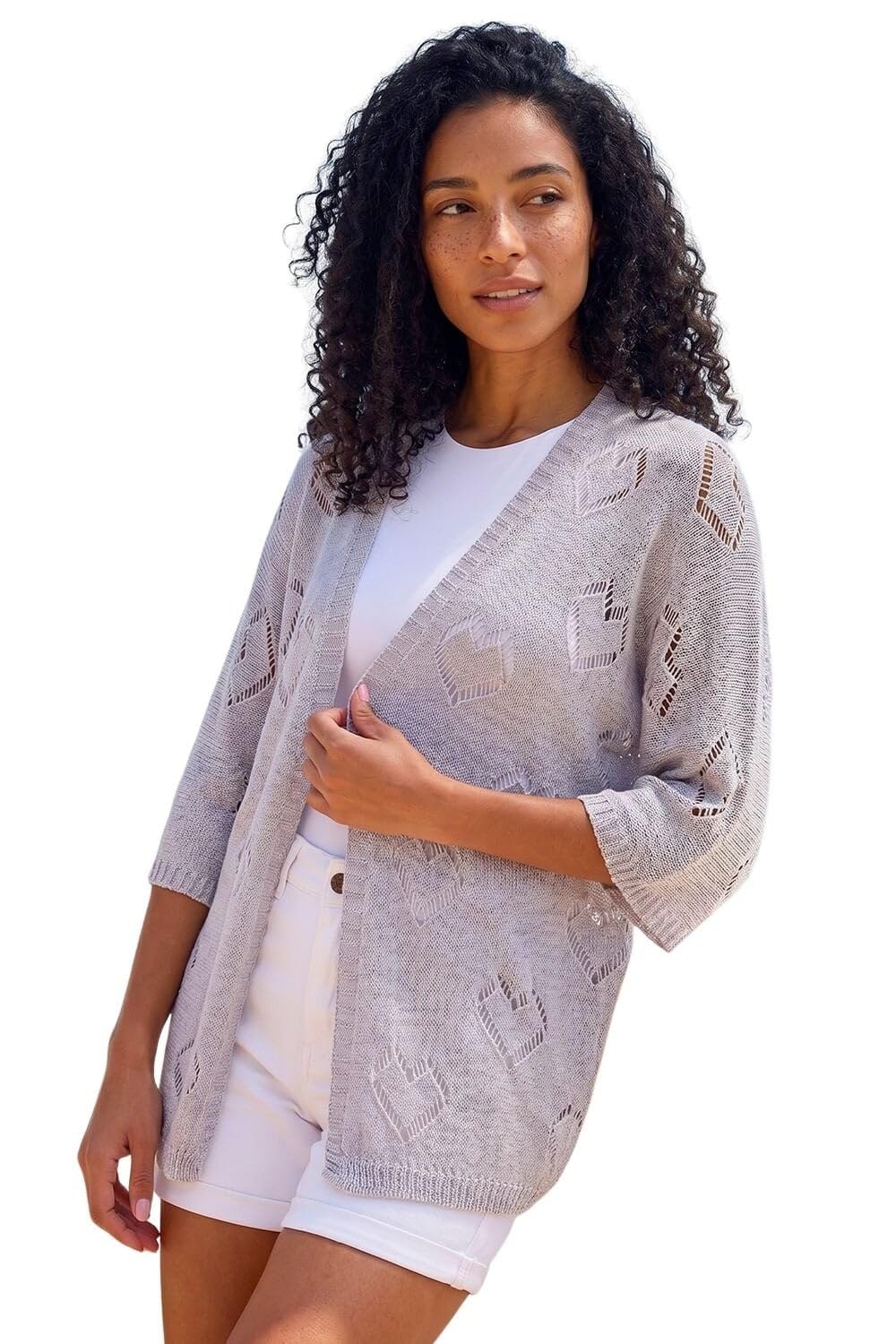 Roman Originals Women's Silver Pointelle Heart Knit Cardigan For Uk - Everyday Holiday Spring Summer Comfy Soft Evening Vacation Work Party - Size M