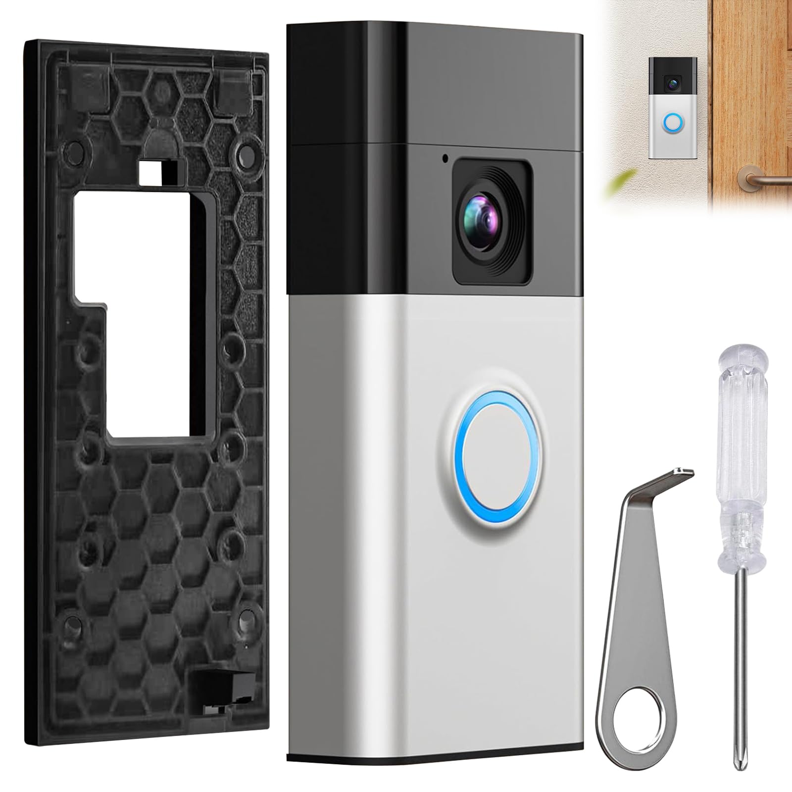 ExcellaElite Ring Doorbell Mount, No Drill Sticky Ring Doorbell Mount, Bracket with Key and Screwdriver for Houses,Apartments and Offices