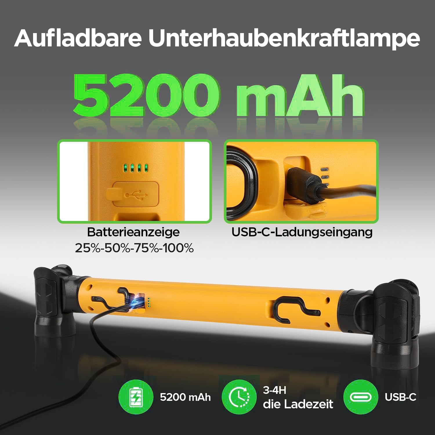 LUTEC 3000LM LED-Arbeitsleuchte, 5200mAh wiederaufladbare magnetische Motorhauben-Leuchtenleiste mit Haken, kabellose tragbare Mechanikerleuchte für Autoreparatur/Inspektion/Garage/Notfälle (2 Stück)