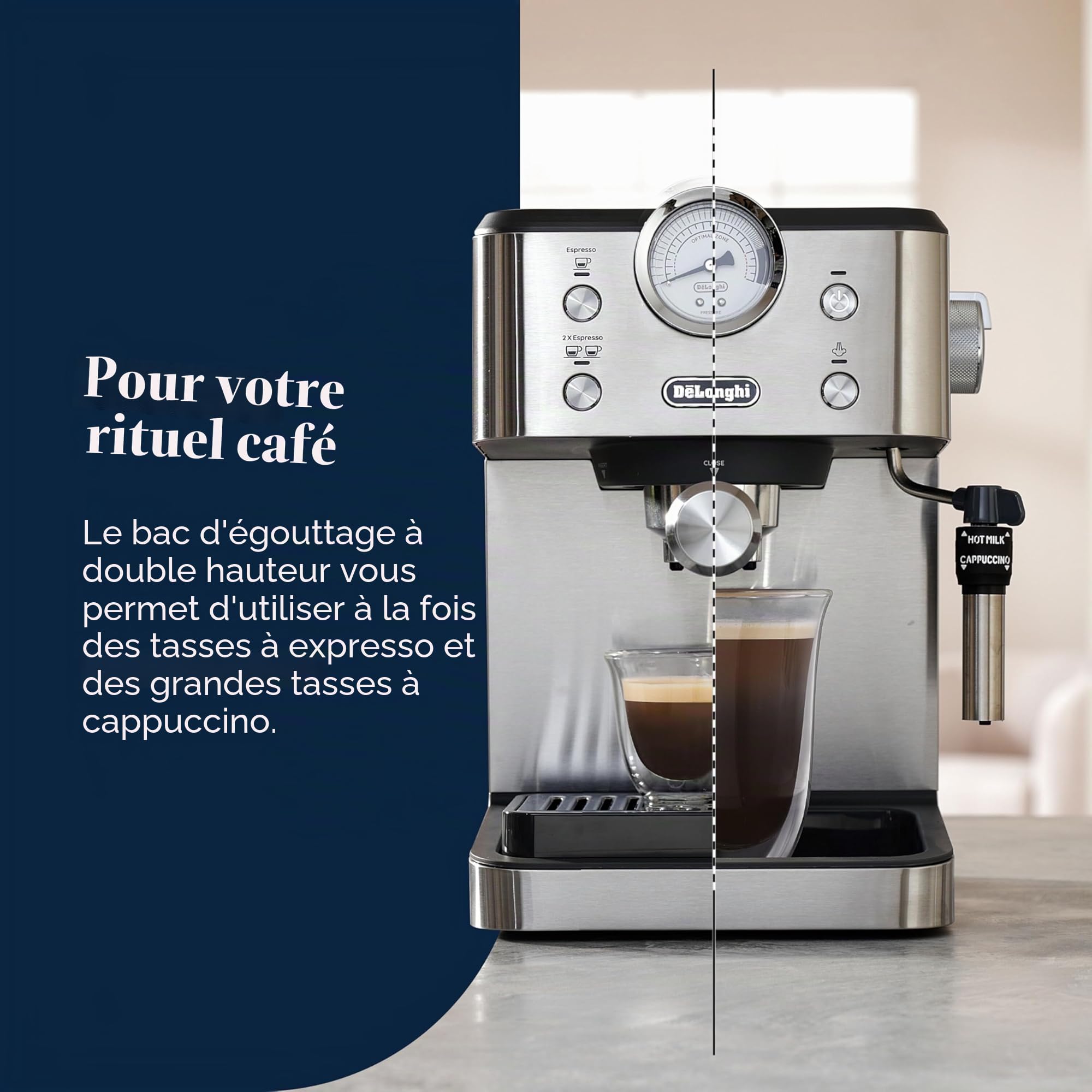 De'Longhi Linea Classic EM450.M Machine à café manuelle avec tige vapeur, machine à expresso avec pompe barista, buse pour cappuccino, filtre double paroi, 15 bar, tasse jusqu'à 13 cm, acier