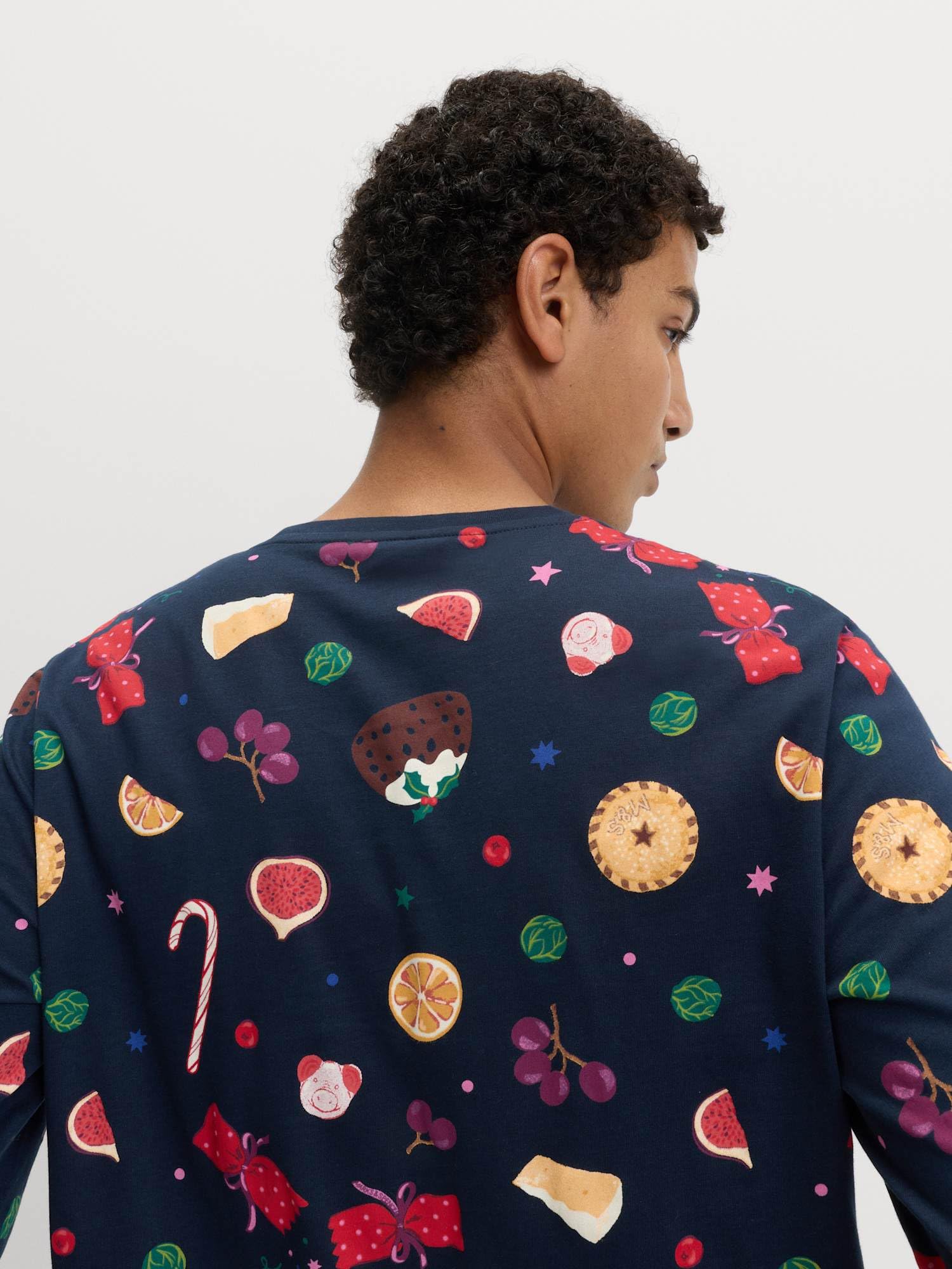 Marks & Spencer Conjunto de Pijama Navideño Familiar con Motivo de Cena Festiva de Algodón Puro para Hombre, Ajuste Normal, Cintura con Cordón, con Bolsillos