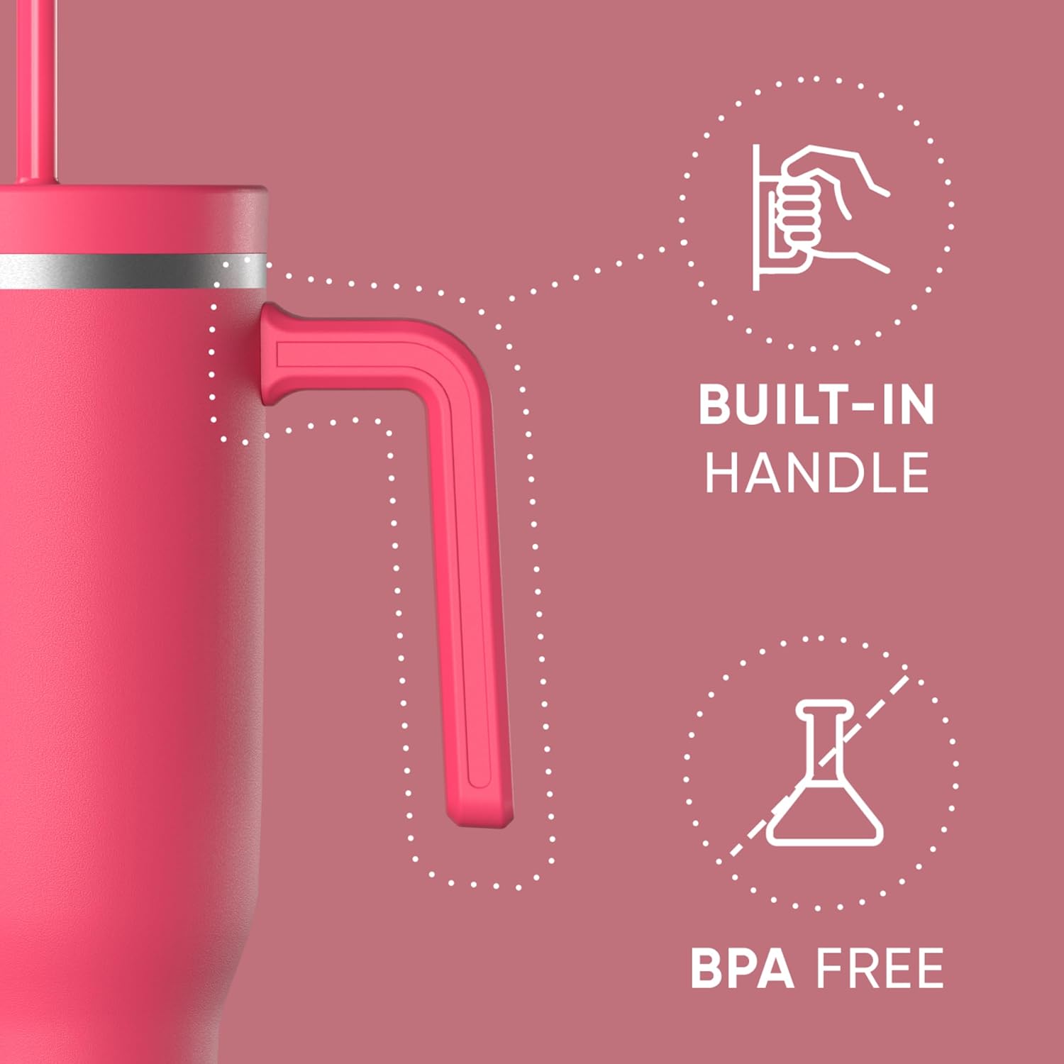 Hydrapeak Voyager 40 Oz Stainless Steel Tumbler with Handle, Insulated Water Bottle With Straw & Lid, Cupholder Friendly Reusable Travel Mug (Hot Pink) - Image 2