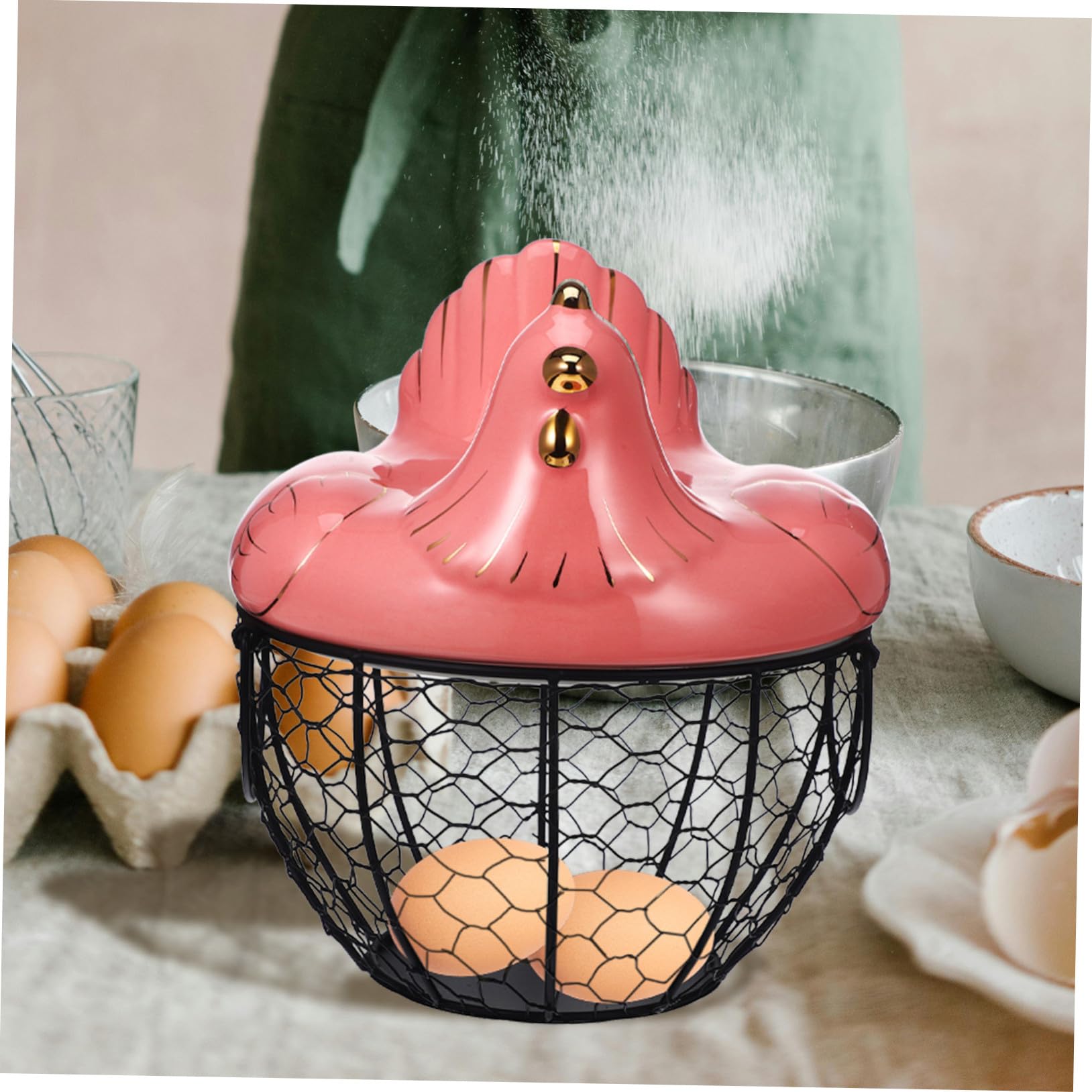 Eieraufbewahrungskorb Organisator für Eier und Obst aus Eisen in Hühnerform Kreativer Kunstharz und Metall Eierhalter Rosa für Küche und Haushalt