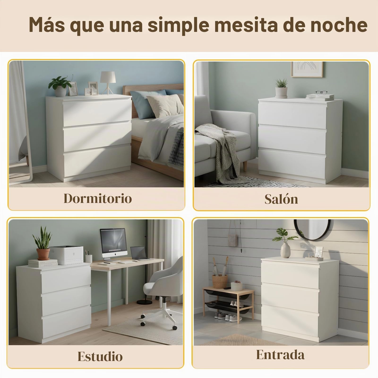 Mesita de noche blanca con 3 cajones, mesa auxiliar mesita de noche cómoda mueble de almacenamiento moderno para dormitorio, salón, oficina y entrada, 70 x 40 x 75 cm