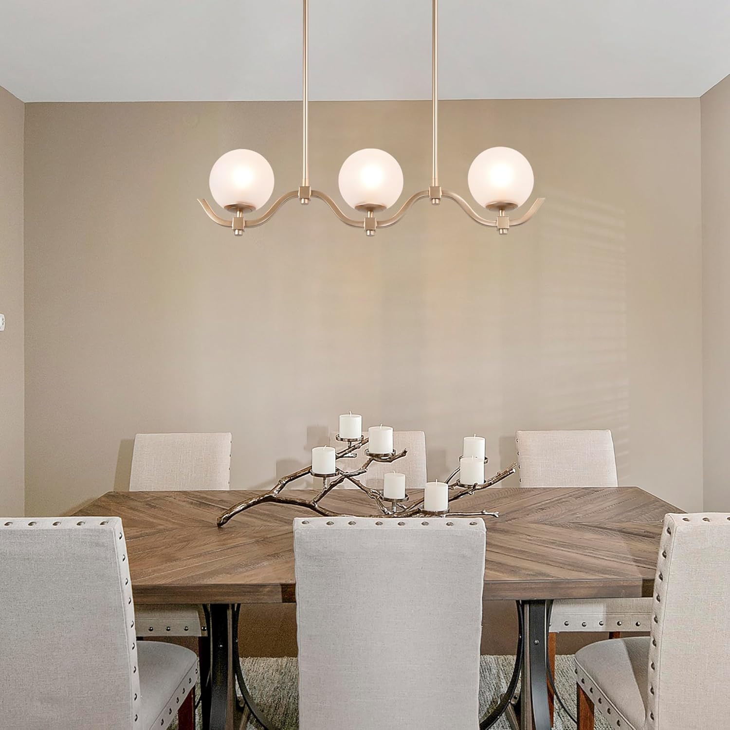 LOG BARN 30'' Gold Kitchen Island Lighting, 3-Light Modern Farmhouse Pendant Lights with Frosted Glass Shade, Linear Chandeliers Light Fixtures for Dining Room