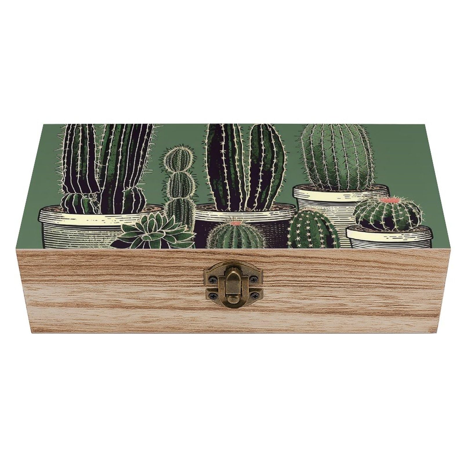 NTVOWPZO Wooden Storage Box Green Cactus Wood Gift Box with Hinged Lid Vintage Decorative Boxes Jewelry Memory Box for Jewelry Art Hobbies Home Storage Treasure Keepsake Gift