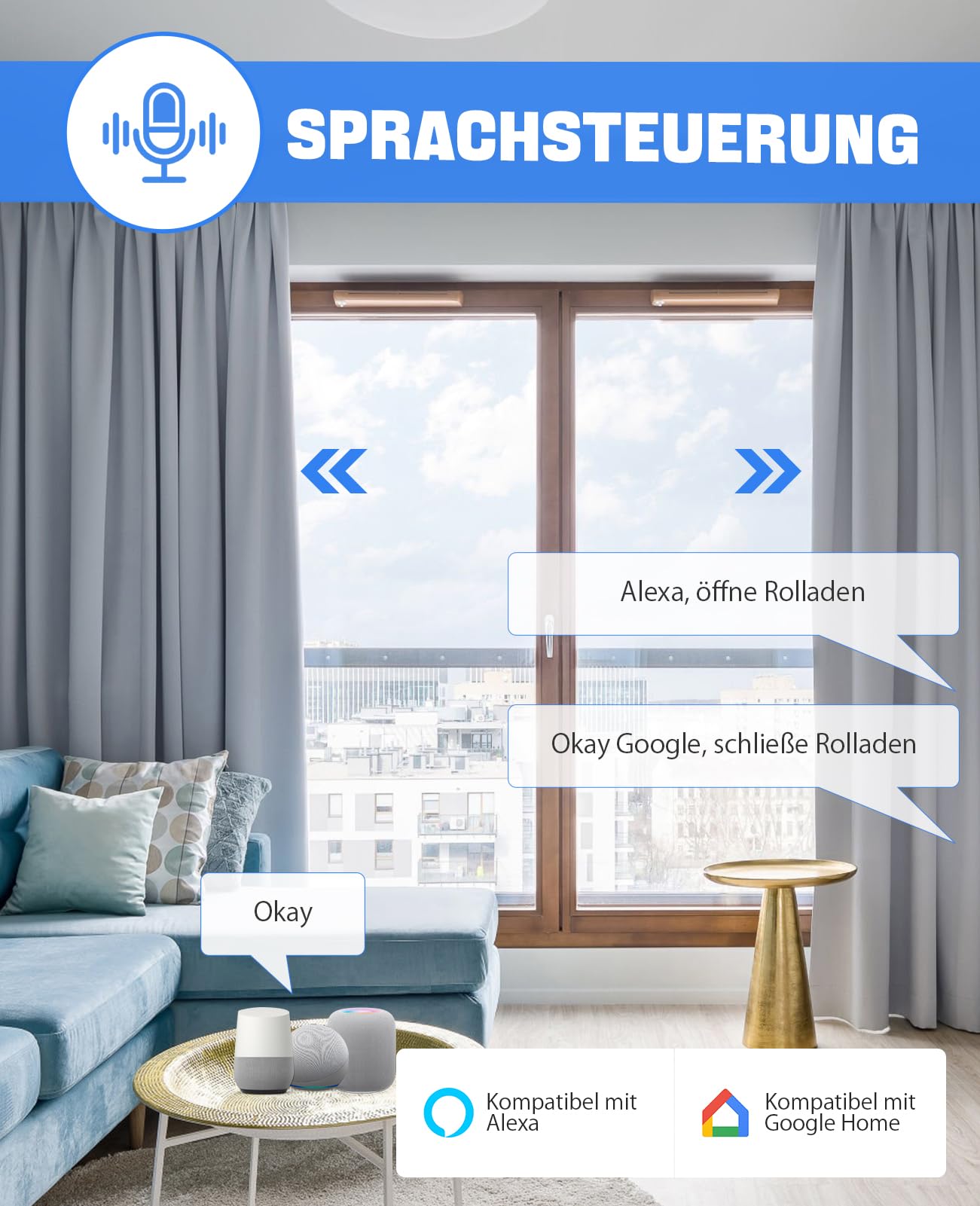 Smart Rolladenschalter, Wlan Jalousie Schalter mit schaltbaren LEDs, Kompatibel mit Amazon Alexa/Google Assistant, Neutralleiter erforderlich 80x80 mm