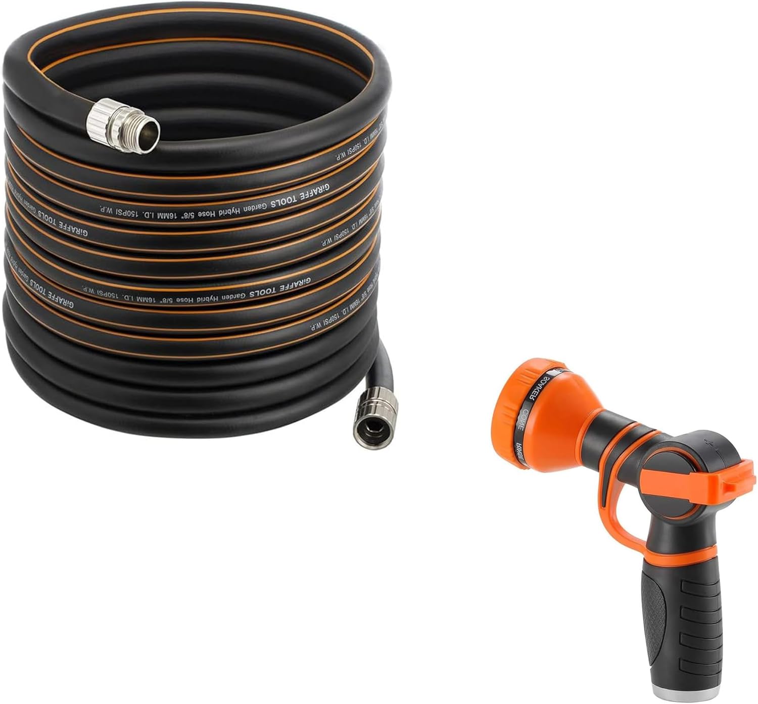 Giraffe Tools Garden Hose Nozzle 9 Adjustable Spray Modes Water Gun with Giraffe Tools Garden Hose 75ft x 5/8", Custom Length, Heavy Duty, No Kink, Flexible