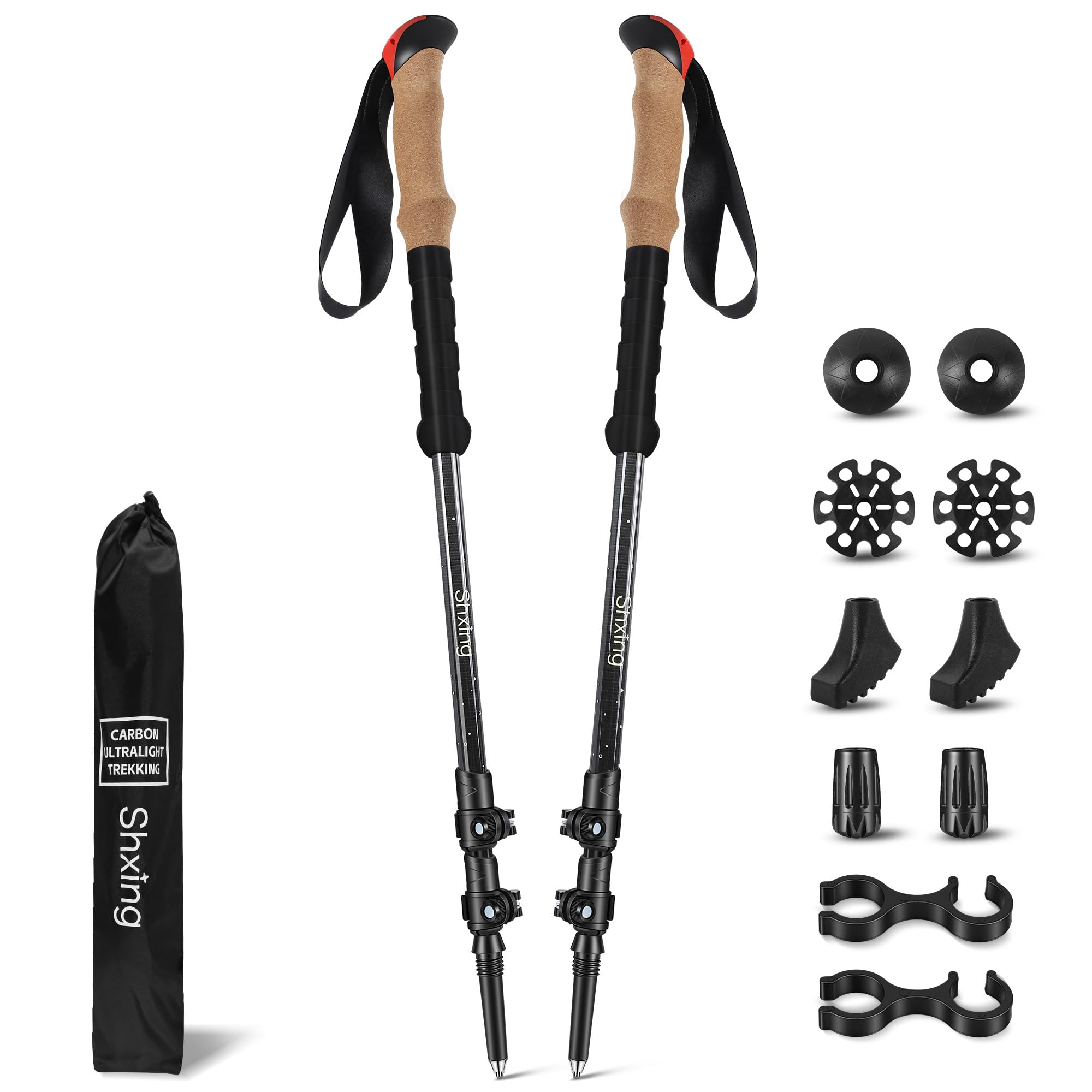 Teleskop-Wanderstöcke Carbon 2er Set, 200 g pro Stock, Schwarz | 62–135 cm verstellbar, Korkgriff mit EVA, Alu-Verschluss, Tasche & 10 Zubehörteile, für Wandern & Trekking