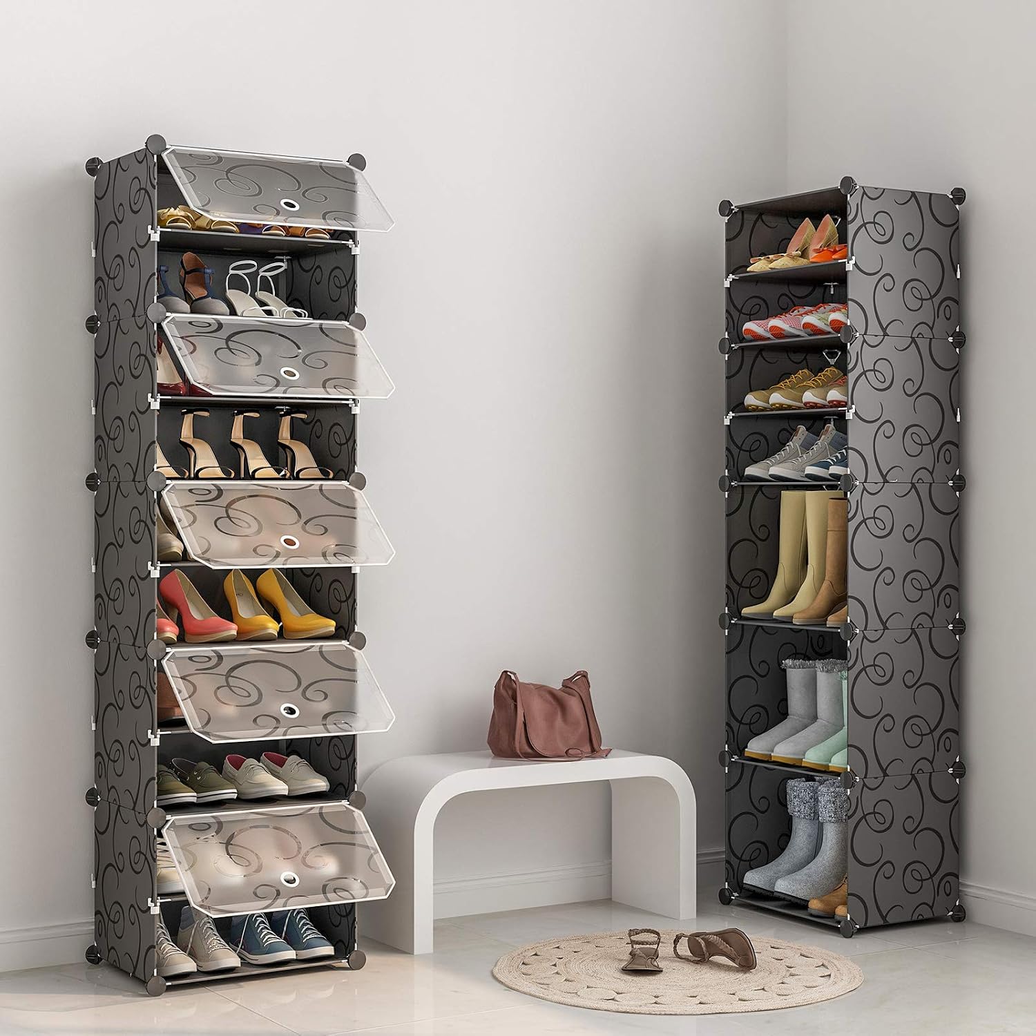 Aeitc Portable Shoe Rack, 20 Pair DIY Shoe Storage Shelf Organizer, Plastic Shoe Organizer for Entryway, Narrow Shoe Cabinet with Doors, Black