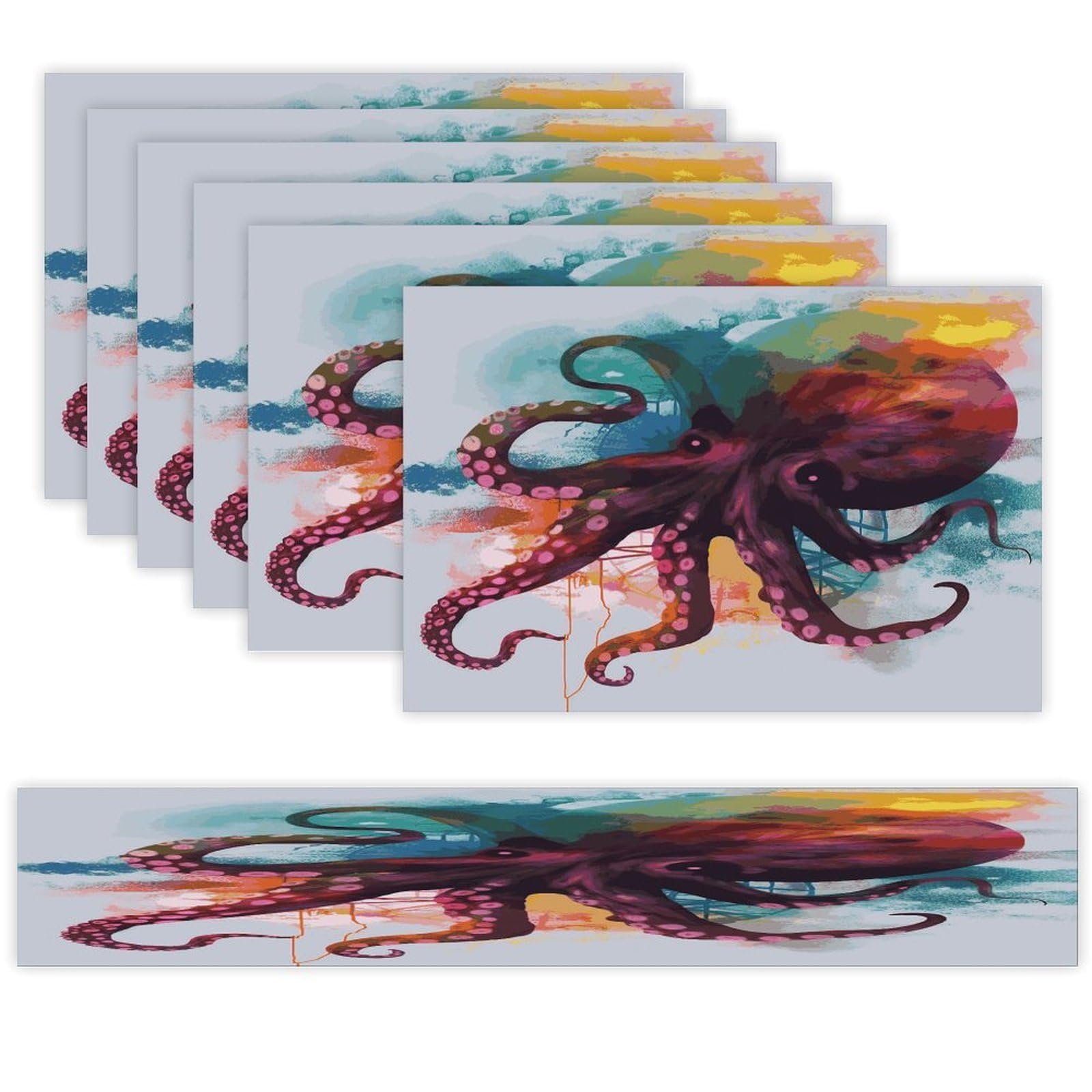 Abstract Colorful Octopus Table Runner and Placemats Set of 6 Wipe Clean Heat Resistant Table Mat with Table Runner Decorations Flax Linen Place Mat Set for Home Kitchen Party Supplies