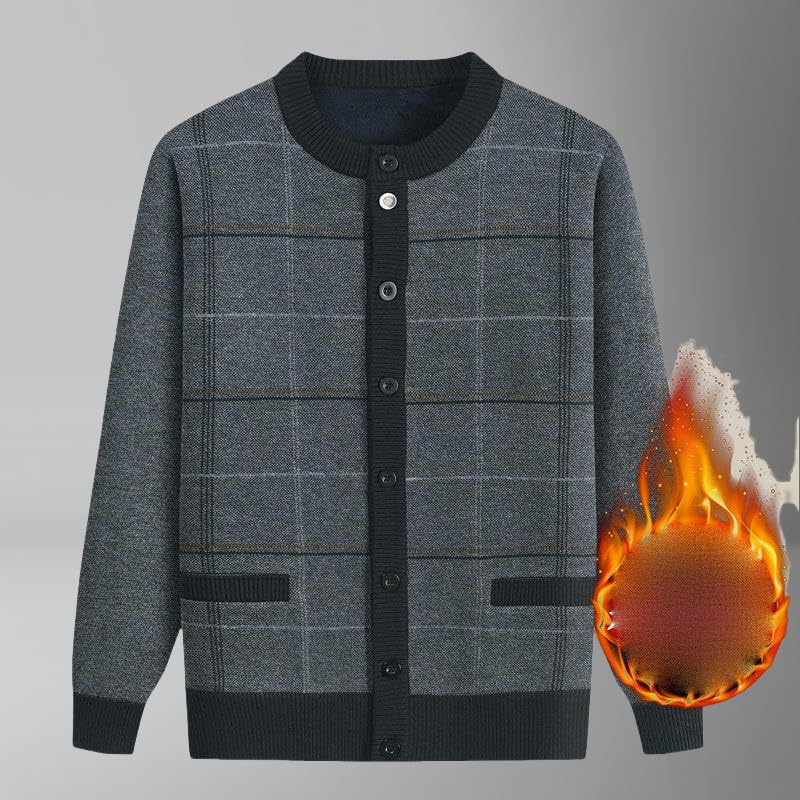 Autumn Winter Fleece Lined Warm Front Button Men's Thick Knit Cardigan2