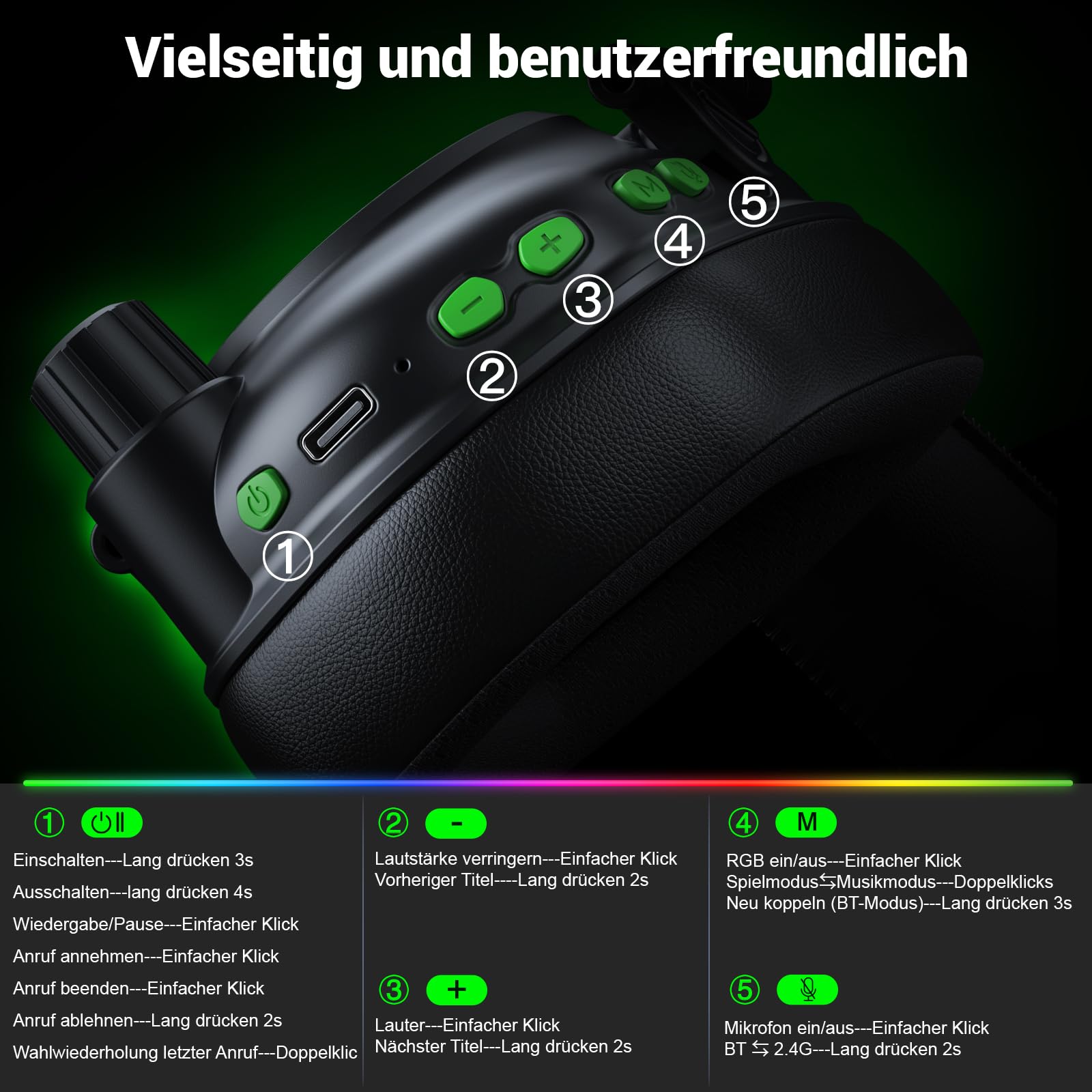 Krysenix KGH2 Gaming Headset Wireless, 2,4G Gaming Headset für PC, PS4, PS5, Mac, Switch, Bluetooth Kopfhörer Mit Mikrofon Geräuschunterdrückung, LED Licht, 40 Stunden Akkulaufzeit, Schwarz