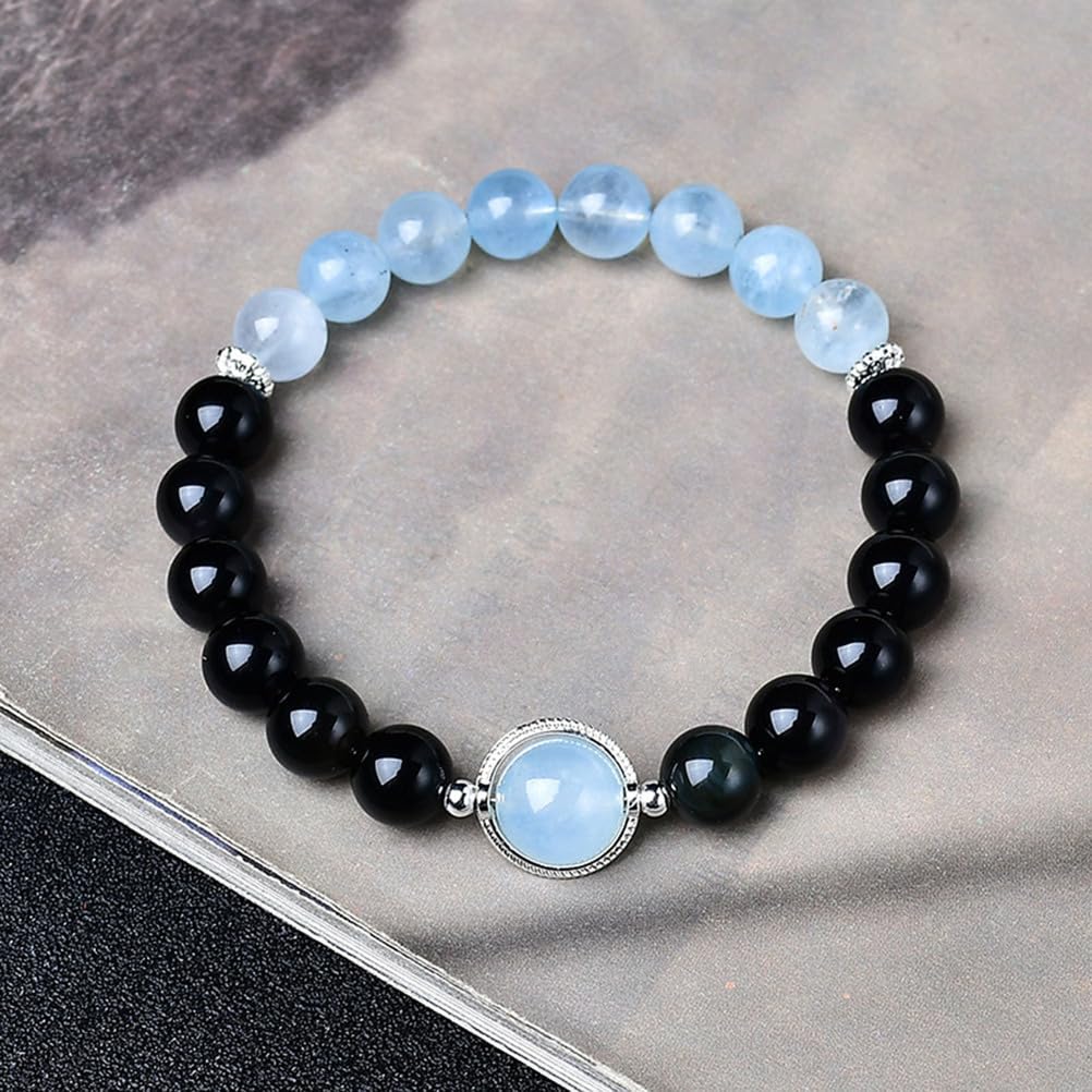 Pulseras de Cuentas de Cristal para Mujeres y Hombres, Pulseras de Aguamarina de obsidiana Negra para meditación, aliviar el estrés, equilibrar Las emociones, Piedras Naturales,A