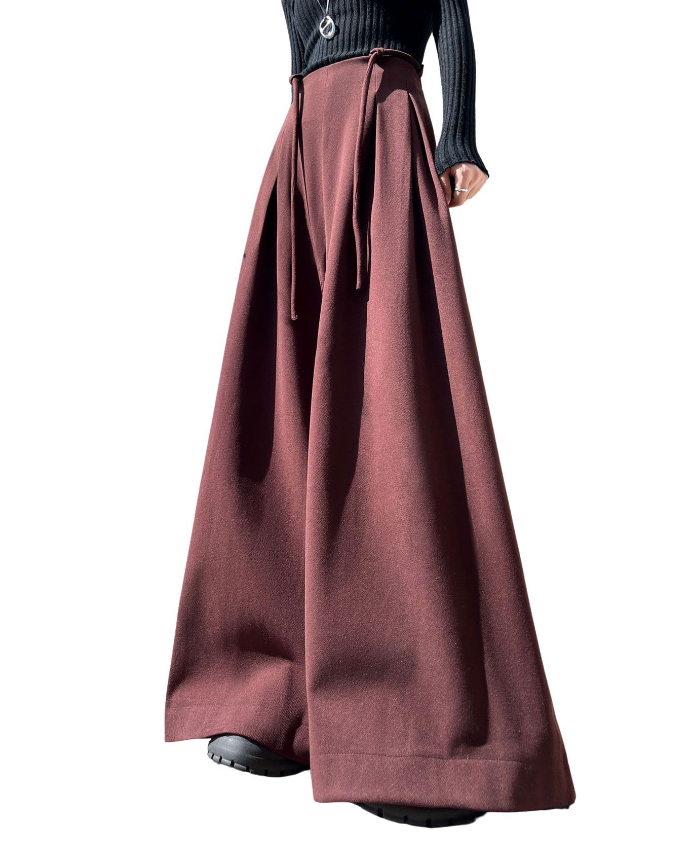 chouyatou Womens Winter Wool Wide Leg Palazzo Pants High Waisted Wool Blend Baggy Trousers Culottes
