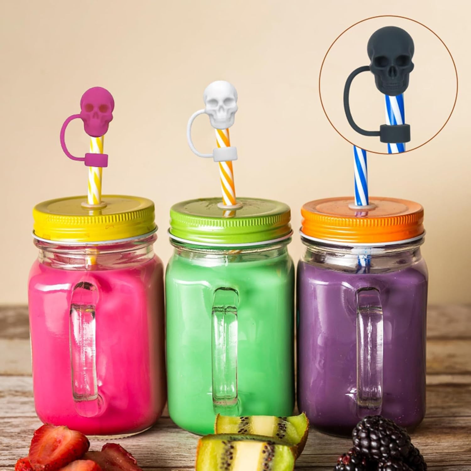 Skull Straw Cover Cap for Stanley Cup, 4Pcs 10mm Silicone Straws Protector Halloween Straw Topper Compatible with 30&40 Oz Tumbler, Black White Rose Red Purple Skull Halloween Stanley Cup Accessories - Image 7