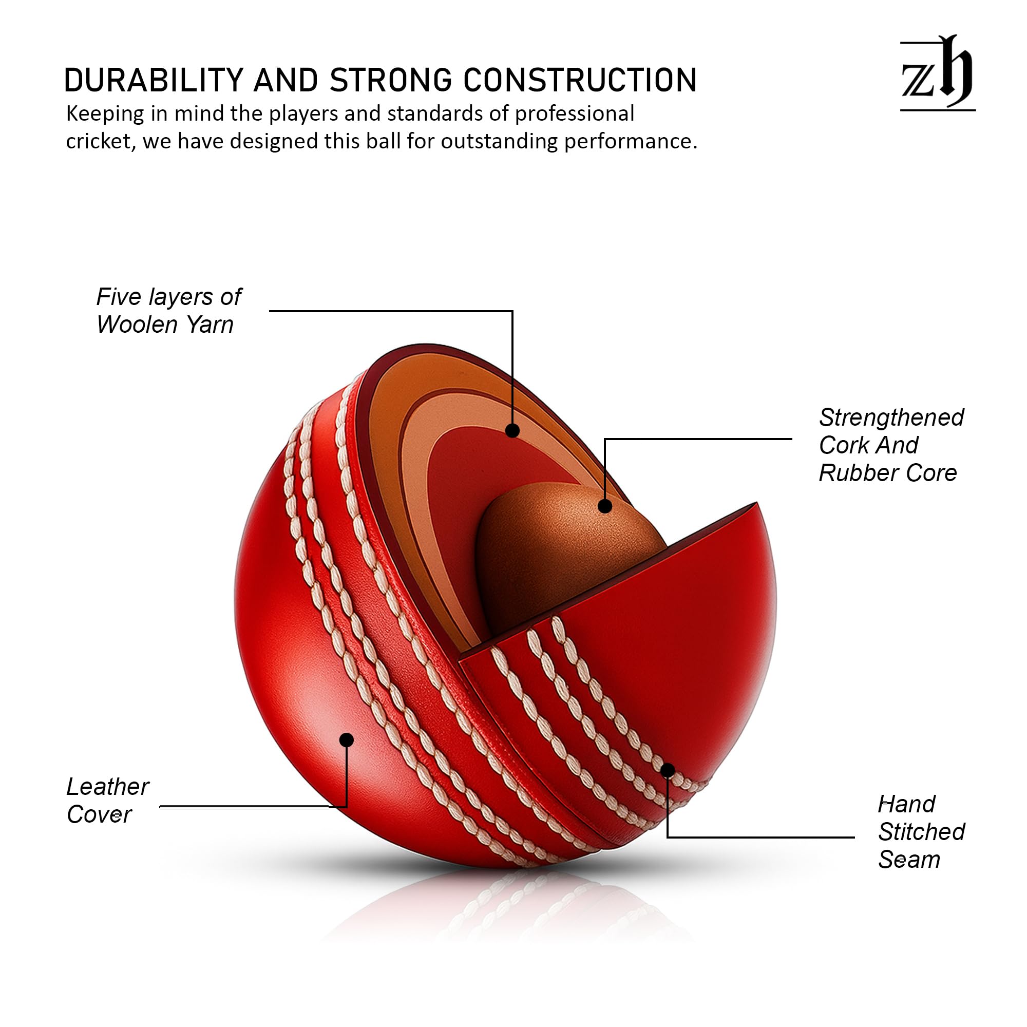 Zhoosh Leather Cricket Ball, Size Club (Red) 2