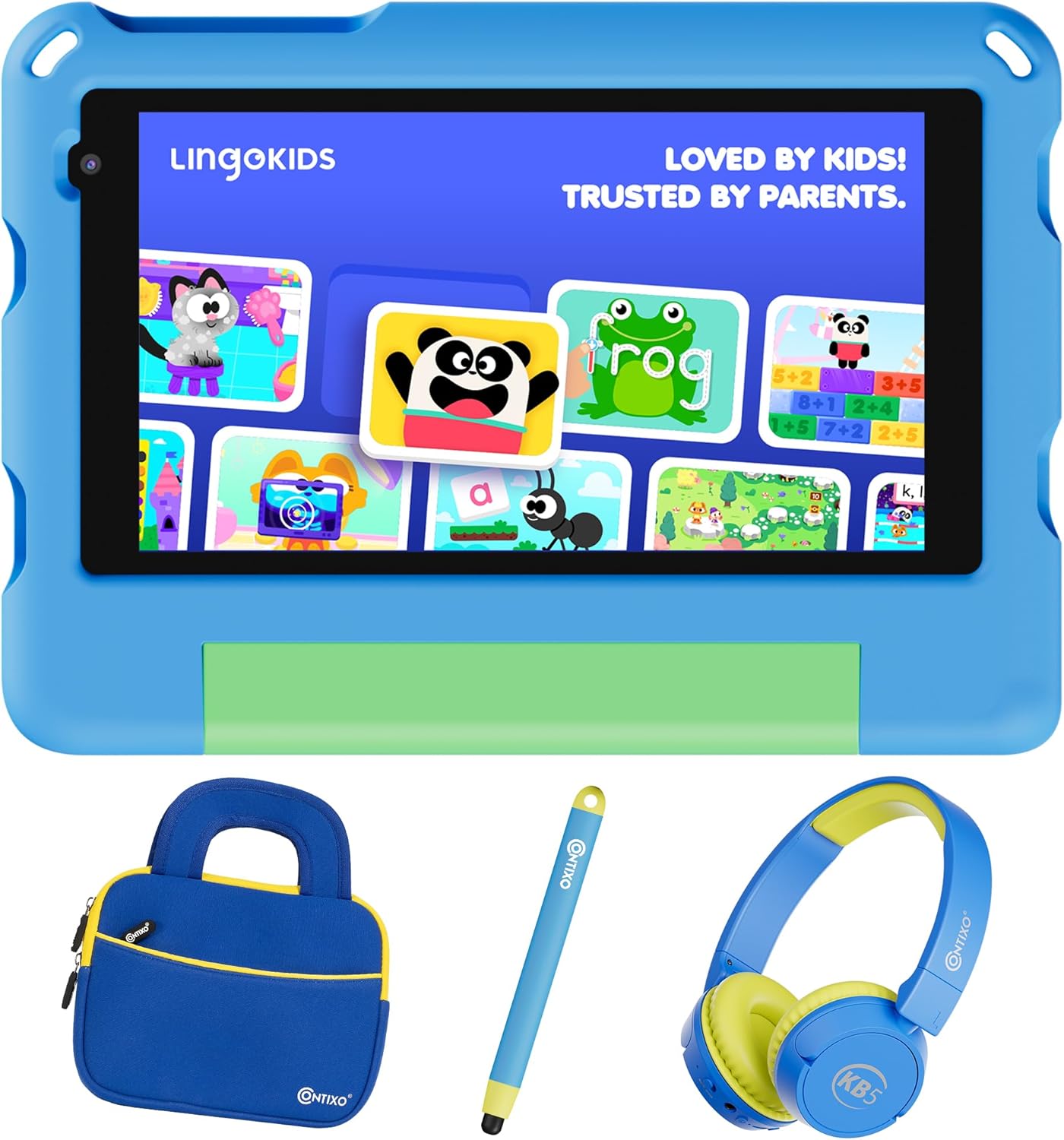 Contixo A7 Kids Tablet Bundle with Bluetooth Headphones & Sleeve Case, 7 Inch Android 15 Tablet for Kids Ages 3-12, 3GB RAM 32GB Storage, Lingokids & Epic, 14 Learning Apps, Parental Controls, Blue