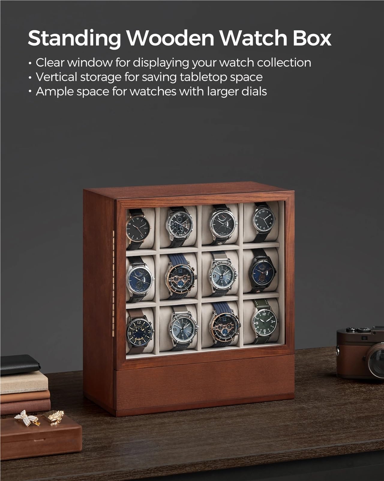 Portaorologi in Legno Massello Scatola for orologi in legno a 12 scomparti | Vetrina con finestra, mobiletto impiallacciato in legno massello