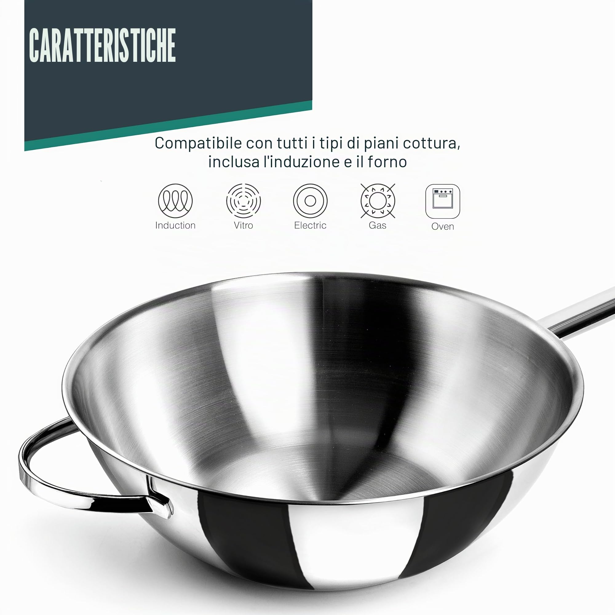 Lacor 79830- Wok Fondo Piatto Belly 30 cm | Realizzato in acciaio inossidabile alimentare; alta resistenza alla corrosione e usura quotidiana in cucina