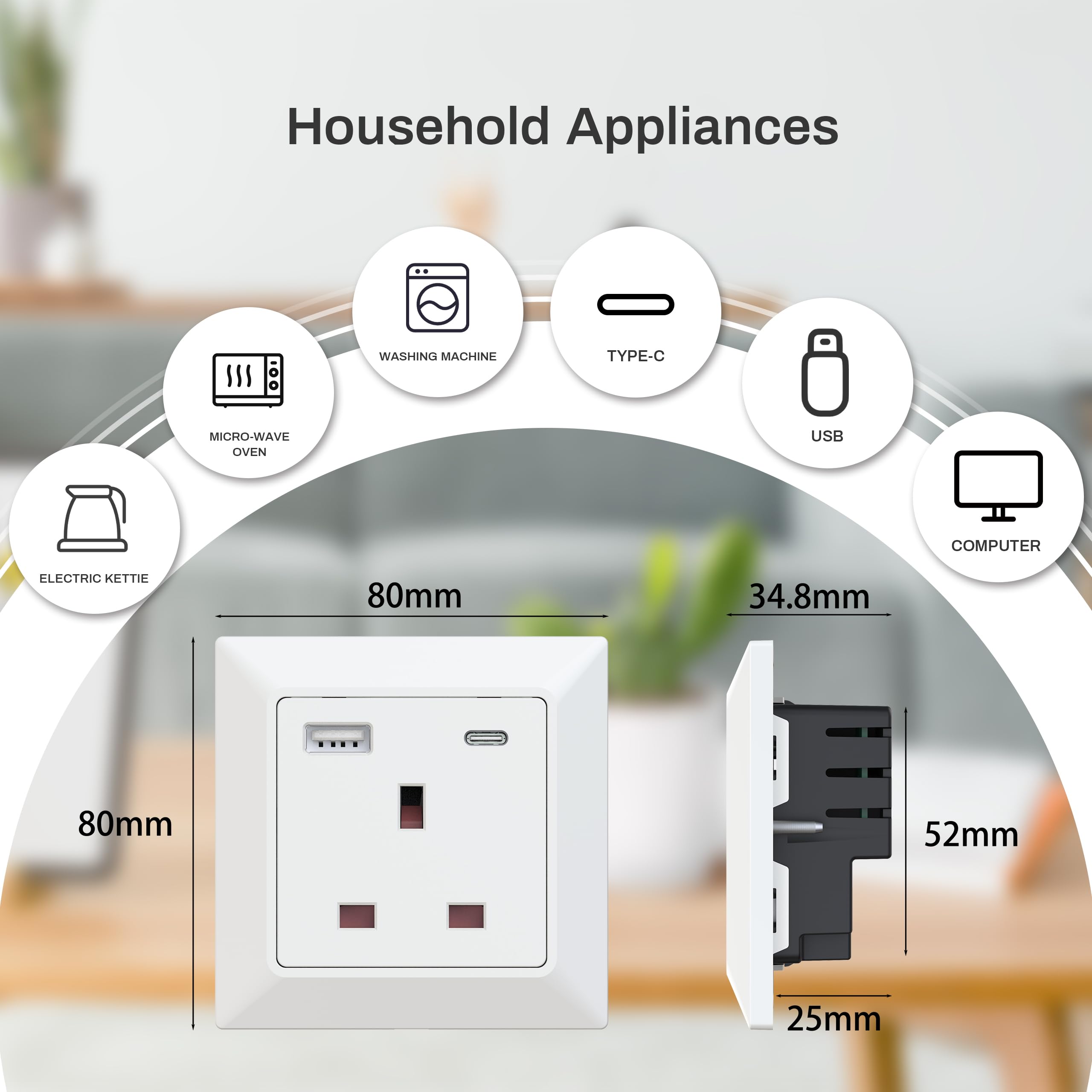 Ucomen Single Socket with Dual USB Charging Ports type A and C, (1-Gang, 13A), 1 pack,white, outlet,1pack - Image 4