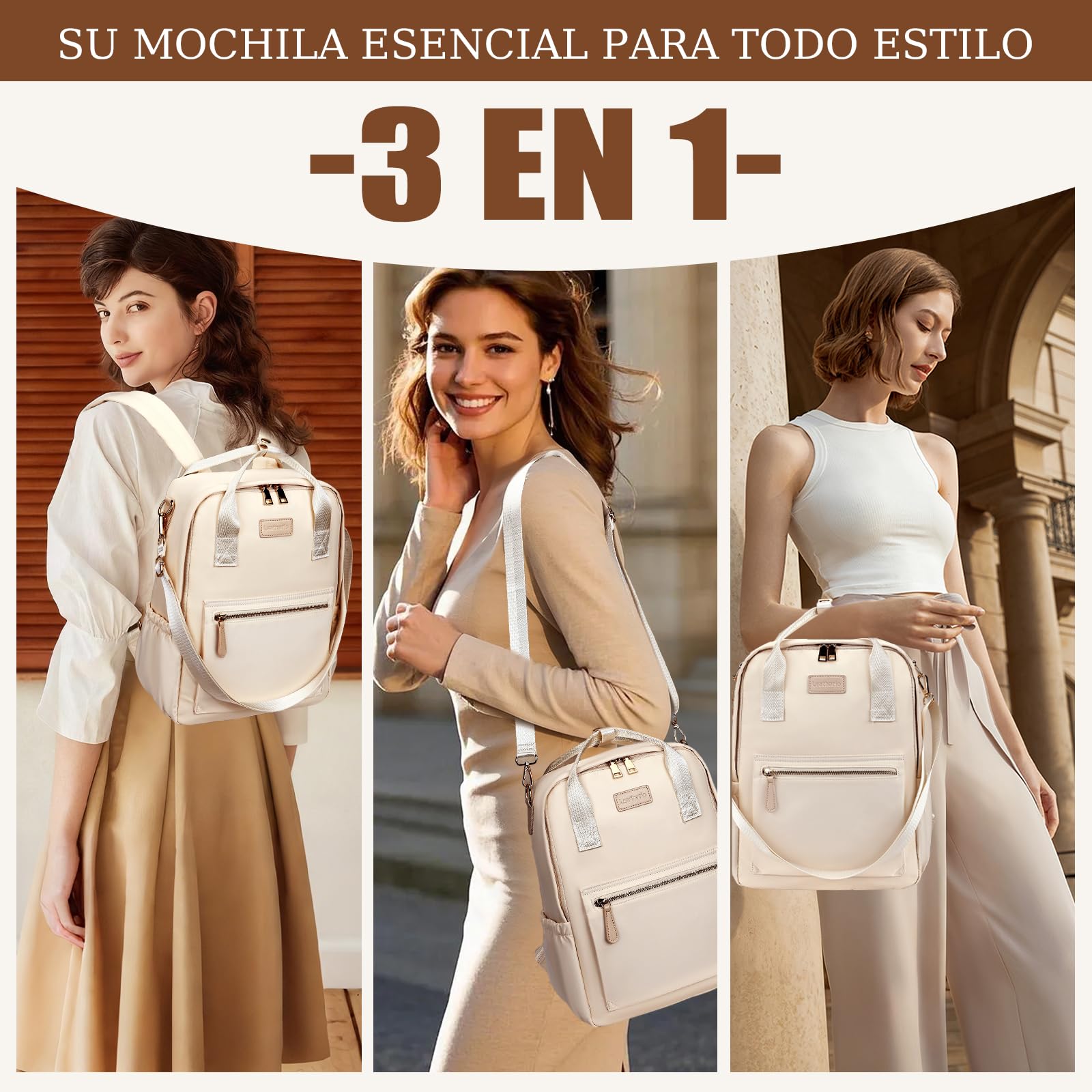 Leathario Mochila Mujer Antirrobo e Impermeable, Mochila Portátil para Laptop 13.3 Pulgadas, para Universidad, Trabajo y Uso Casual, Regalo Mujer (Beige)