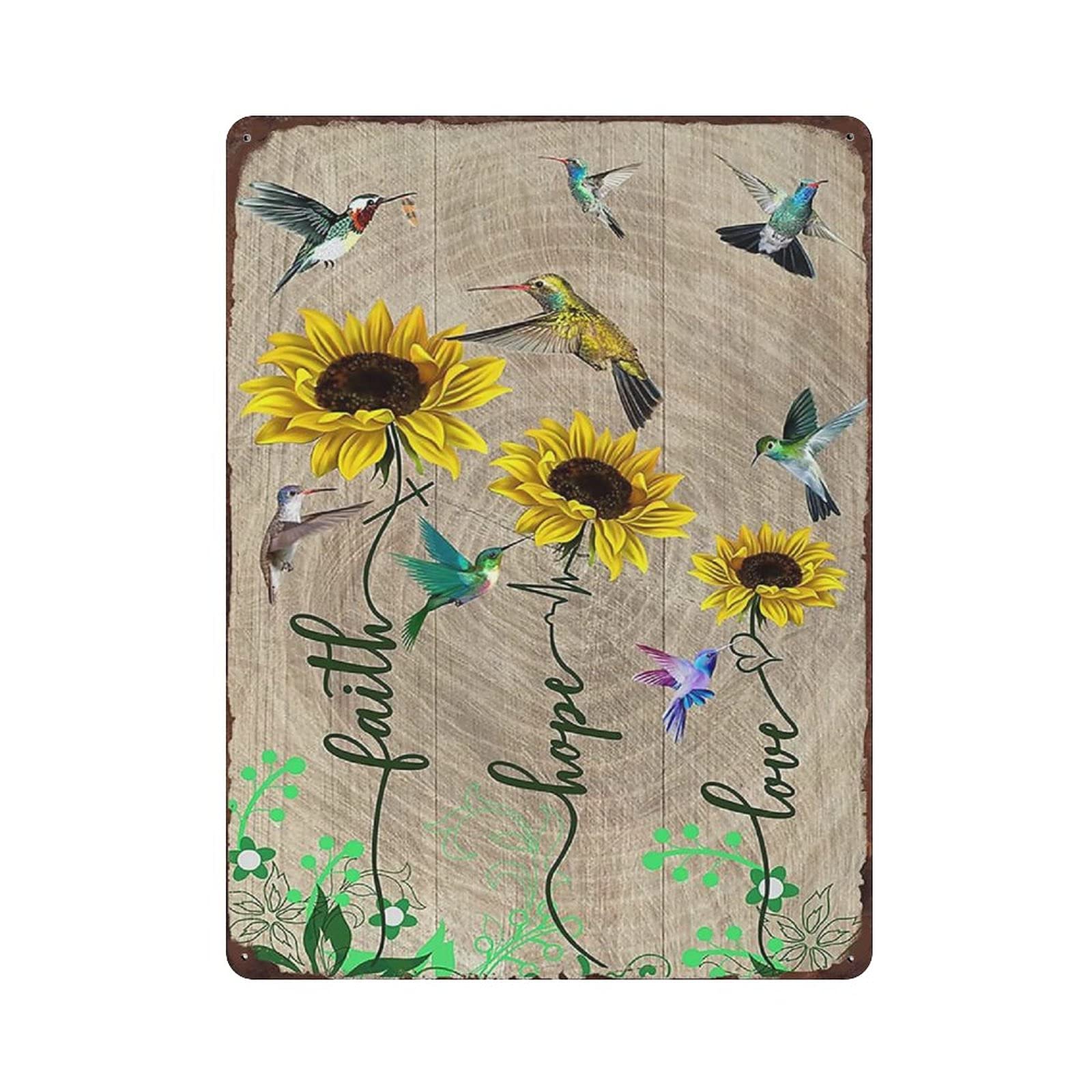 Sunflower Hummingbird Faith Hope Love Art Metal Signs, Fun Poster For Bar Kitchen Cafe Farmhouse Wall Decor 12x16 inch